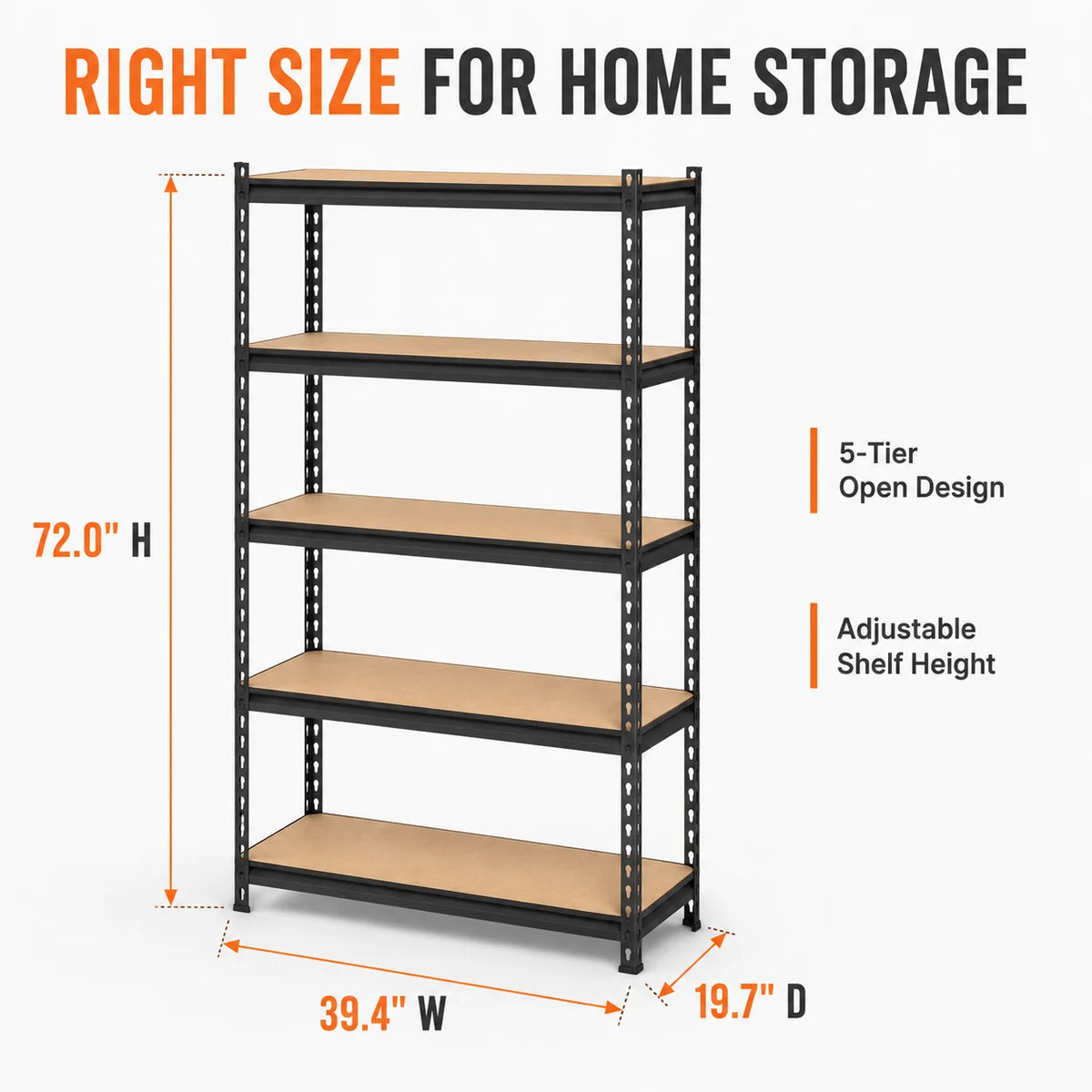 Garage Shelving, 5-Tier Metal Rack with MDF Shelves, 72" Tall