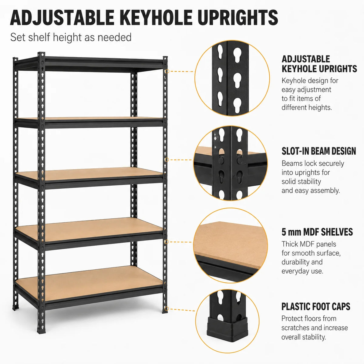 Garage Shelving, 5-Tier Metal Rack with MDF Shelves, 72" Tall