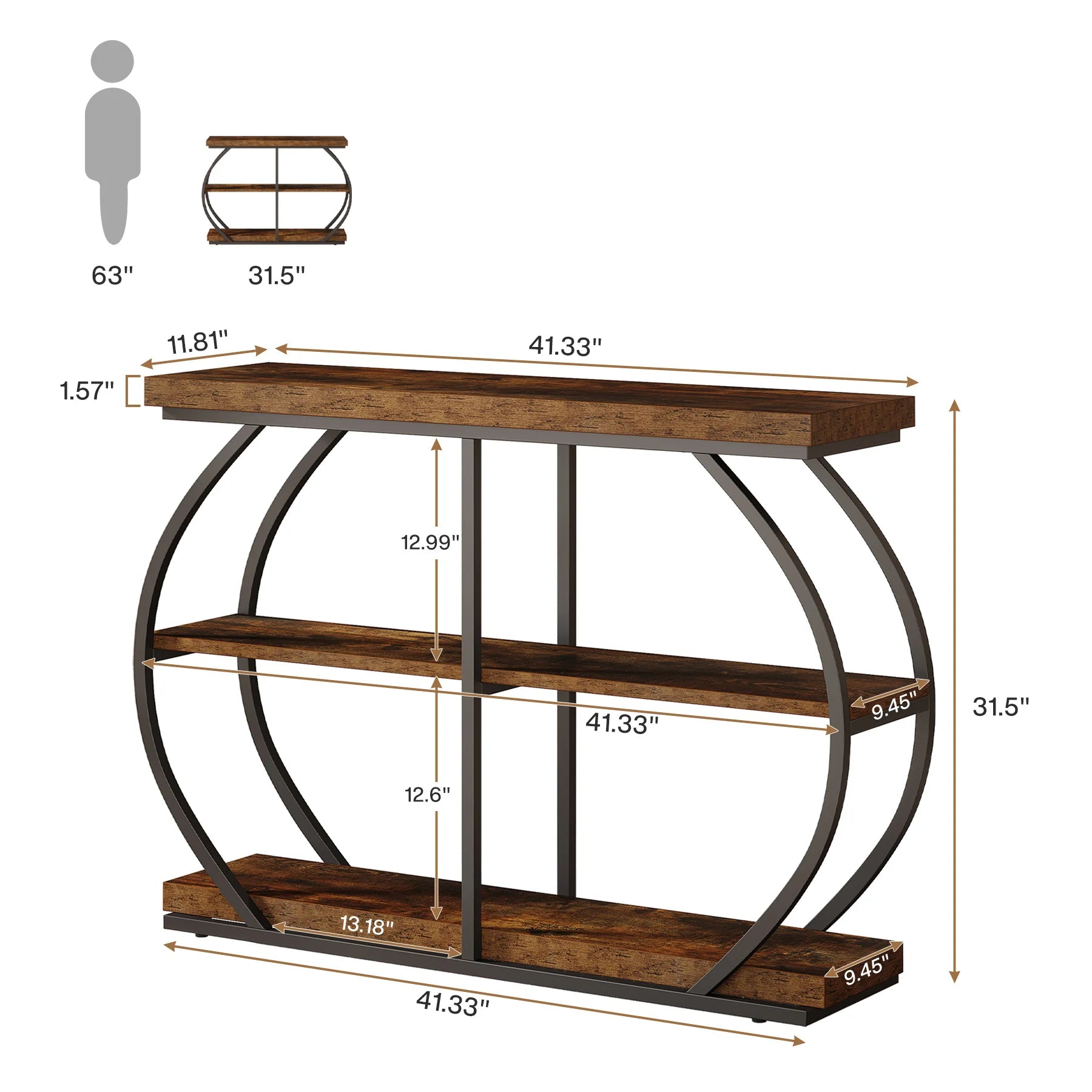 Rustic Industrial Console Table with Arched Metal Frame and 3 Storage Shelves for Entryway — 41 in