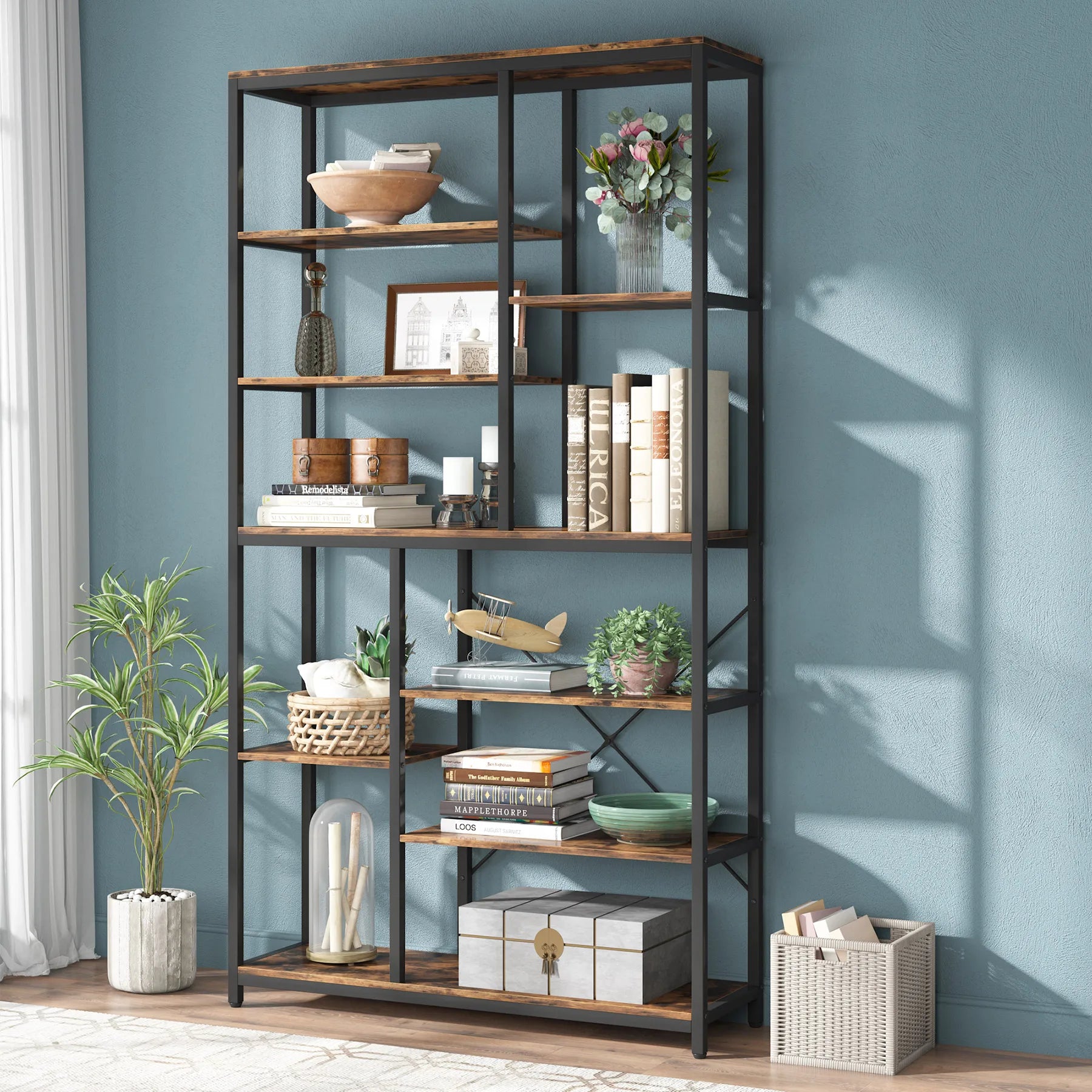 Industrial Bookcase with Open Shelves for Living Room — 79in 9-Tier Etagere
