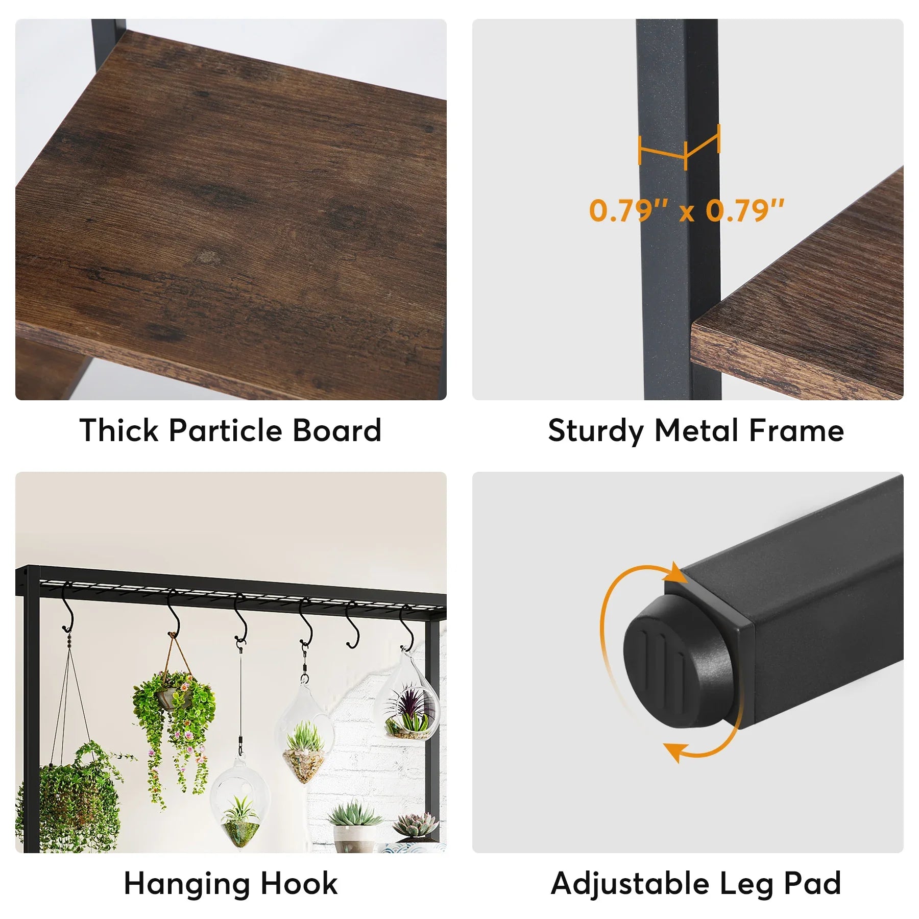 Industrial Metal Plant Stand with Hanging Hooks for Living Room — 5-Tier, 70.9in Tall