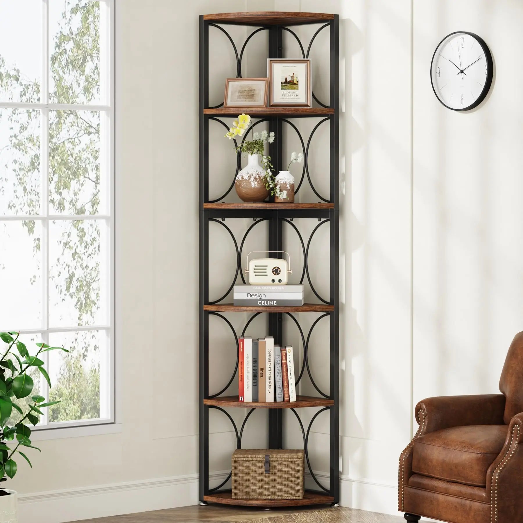 Rustic Corner Shelf with 6 Open Tiers for Living Room — 67in Tall
