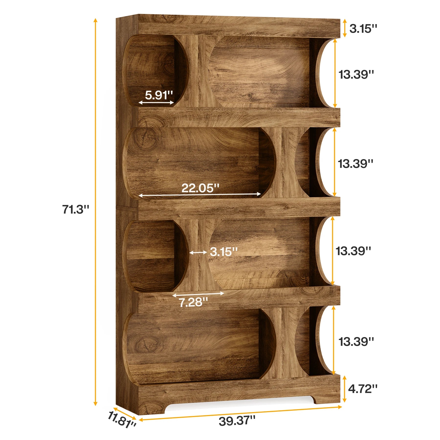 Two-Tone Curved Bookcase with Sculptural Cutout Shelves for Living Room — 71" Tall, 4 Tiers