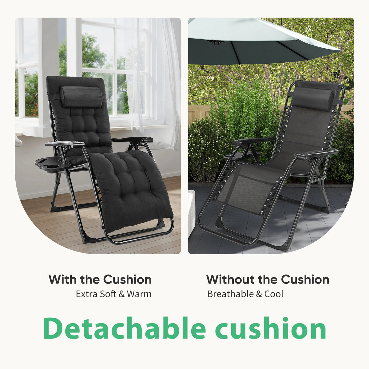 Zero Gravity Recliner, Folding Lounge Chair with Cup Holder Tray