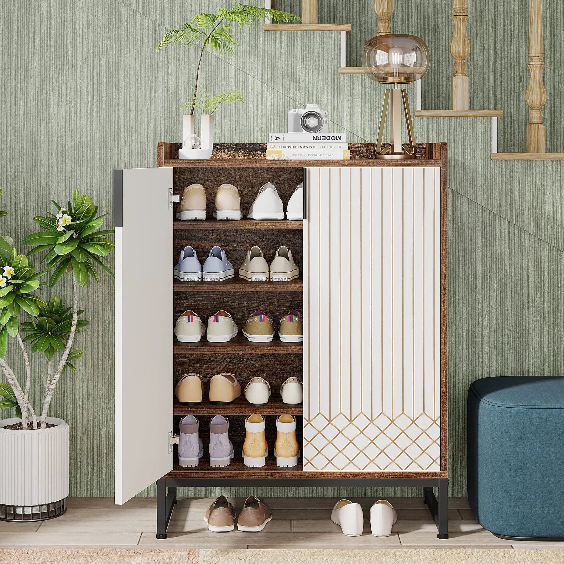 White Gold-Accent Shoe Cabinet with Doors for Entryway — 5-Tier Storage