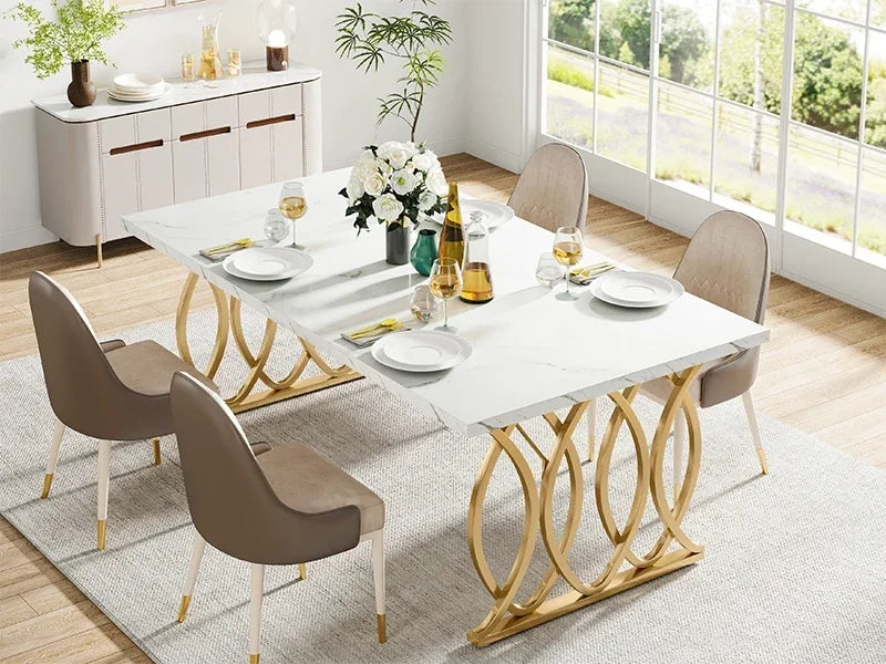 Faux Marble Dining Table with Gold Base for 4-6 People — 63"
