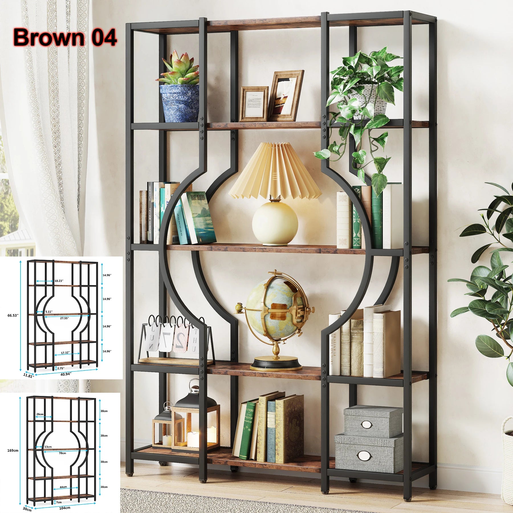 Industrial Etagere Bookcase with Curved Arc for Living Room — 71" Tall Freestanding