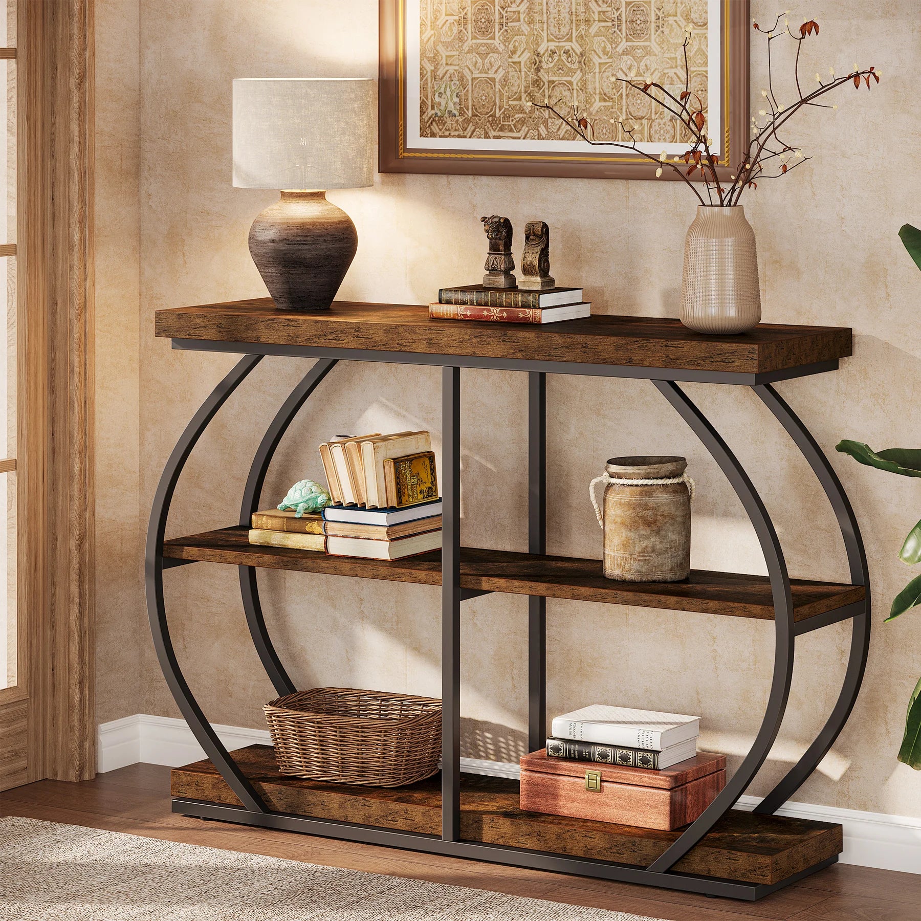Rustic Industrial Console Table with Arched Metal Frame and 3 Storage Shelves for Entryway — 41 in