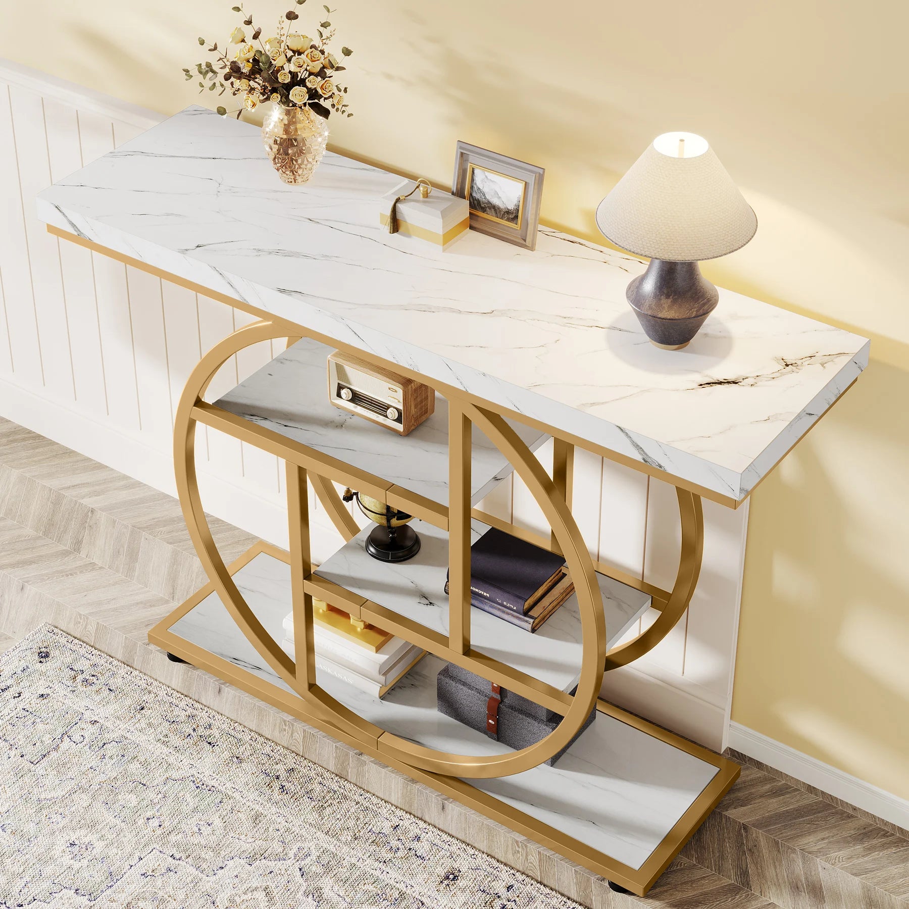 Faux Marble Gold Console Table with Storage Shelves for Entryway — 70" Behind-Sofa