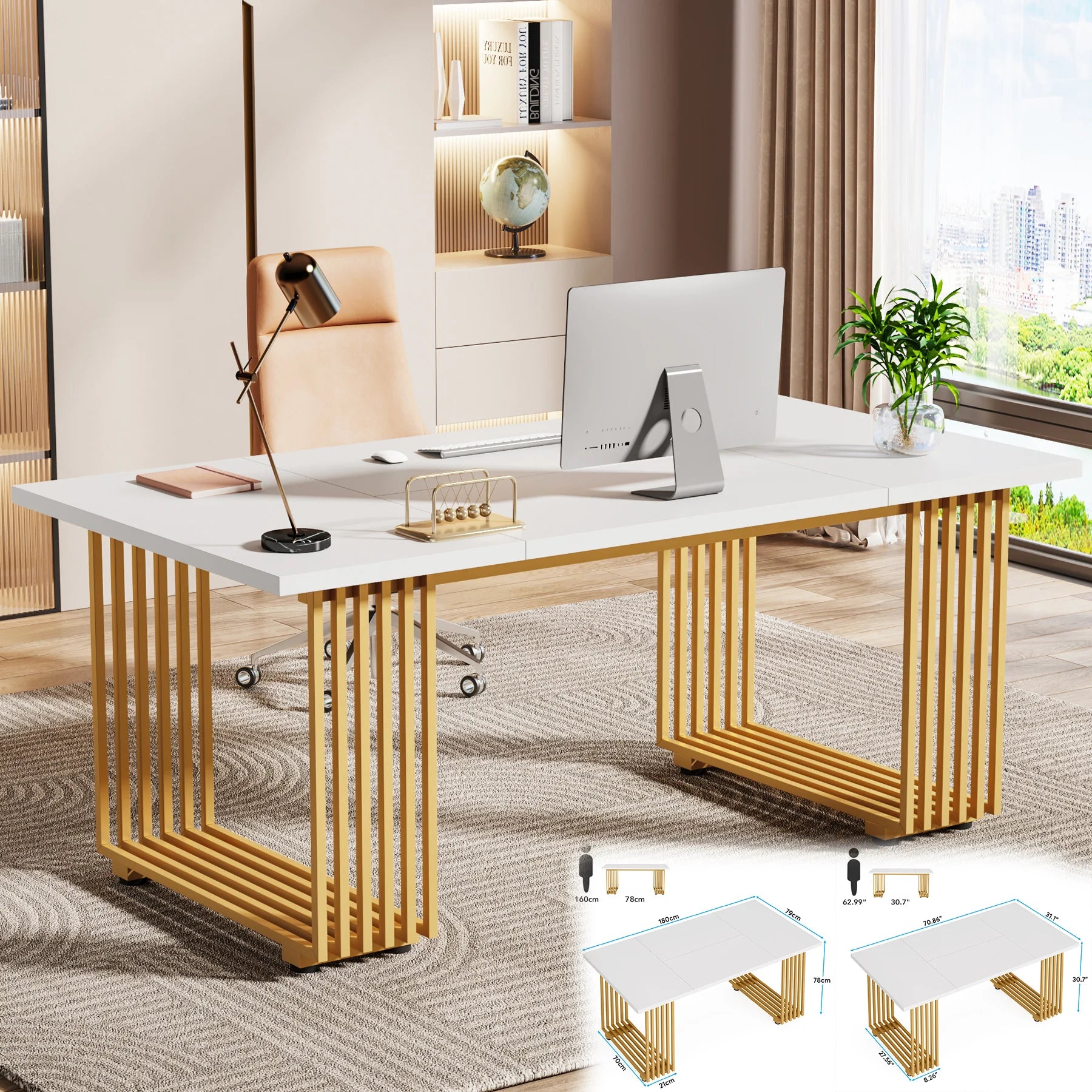 White Executive Desk with Gold Metal Legs for Home Office — 70.9"