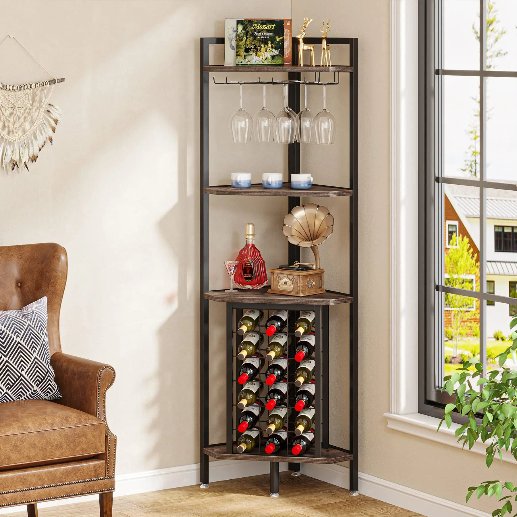 Rustic Corner Wine Rack Bar Cabinet with Glass Holder for Living Room — 63" Tall, 4-Tier