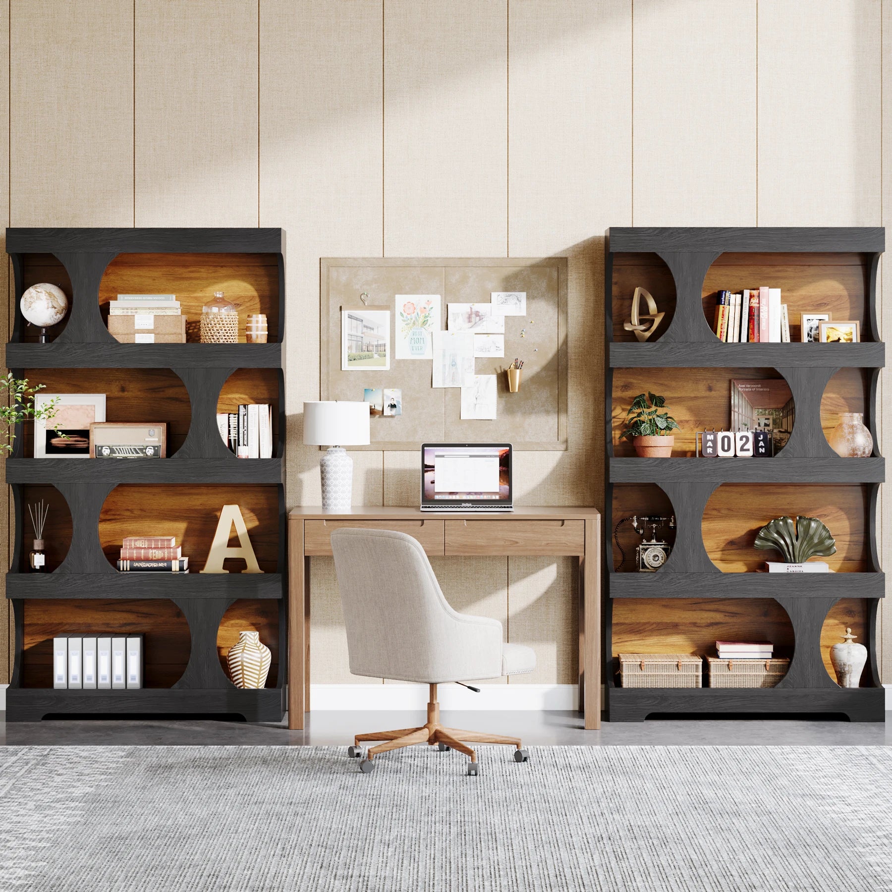 Two-Tone Curved Bookcase with Sculptural Cutout Shelves for Living Room — 71" Tall, 4 Tiers