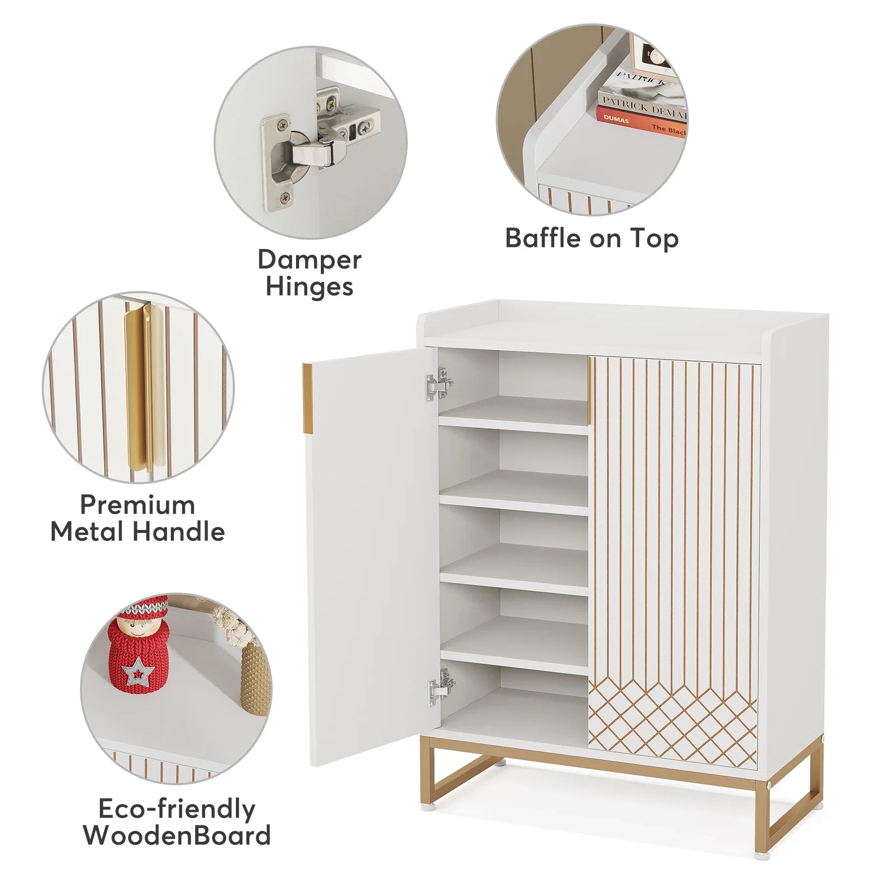 White Gold-Accent Shoe Cabinet with Doors for Entryway — 5-Tier Storage