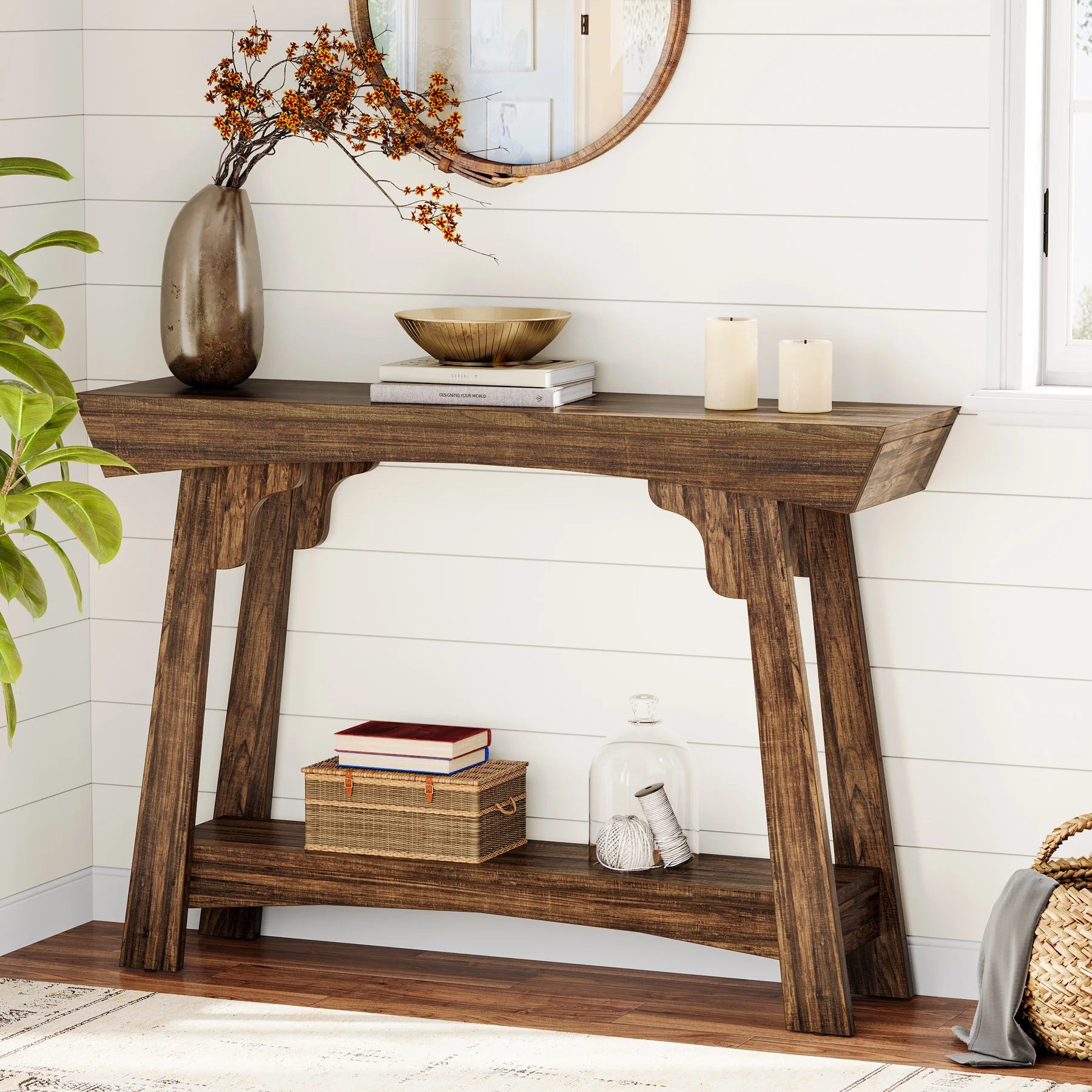 Rustic Wood Console Table with Storage Shelf for Entryway — 41" Narrow