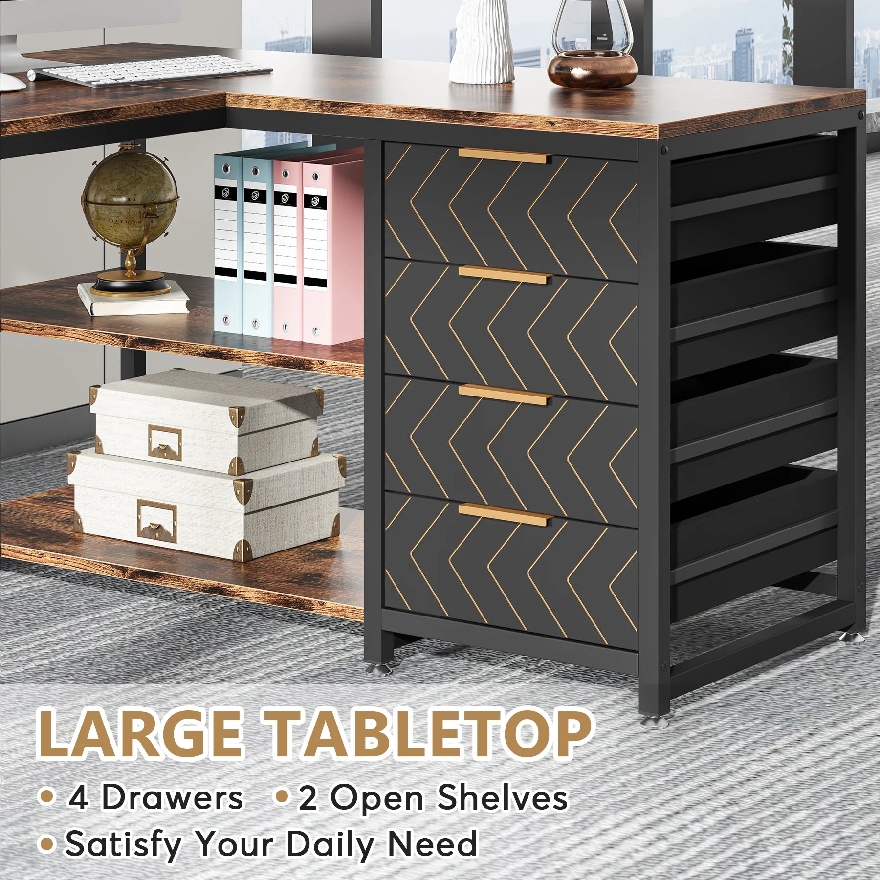 Rustic Wood L-Shaped Desk with Storage Drawers and Shelves for Home Office — 59in Reversible Corner Desk
