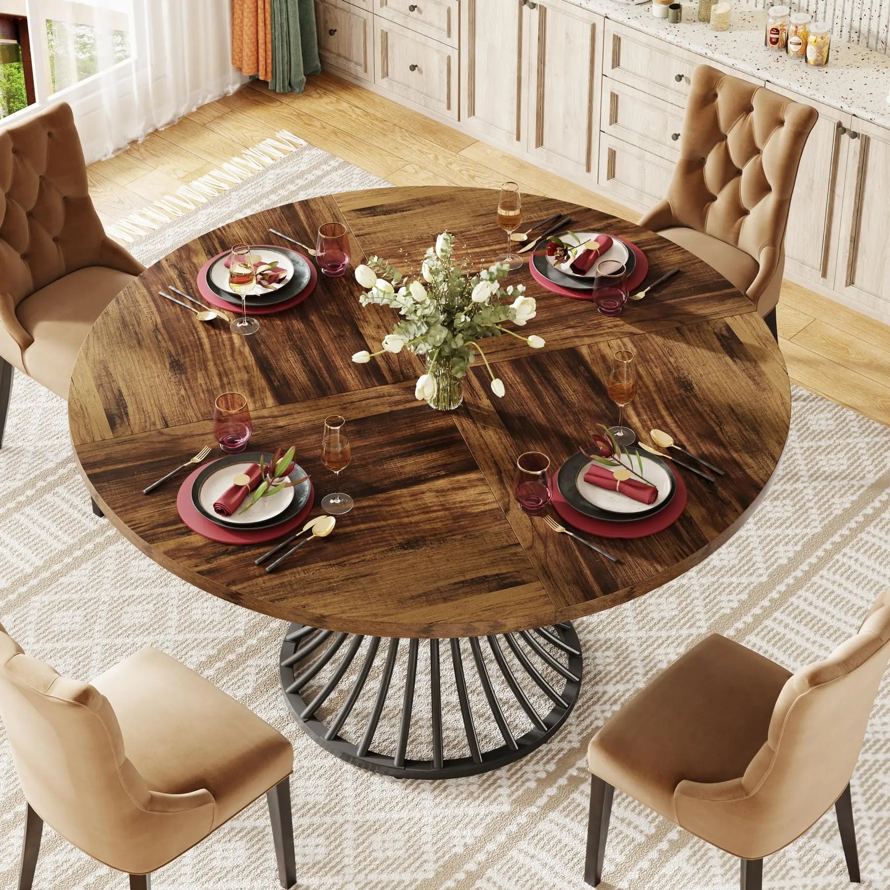 Walnut Round Dining Table with Sculptural Metal Pedestal for 4-6 — 47in