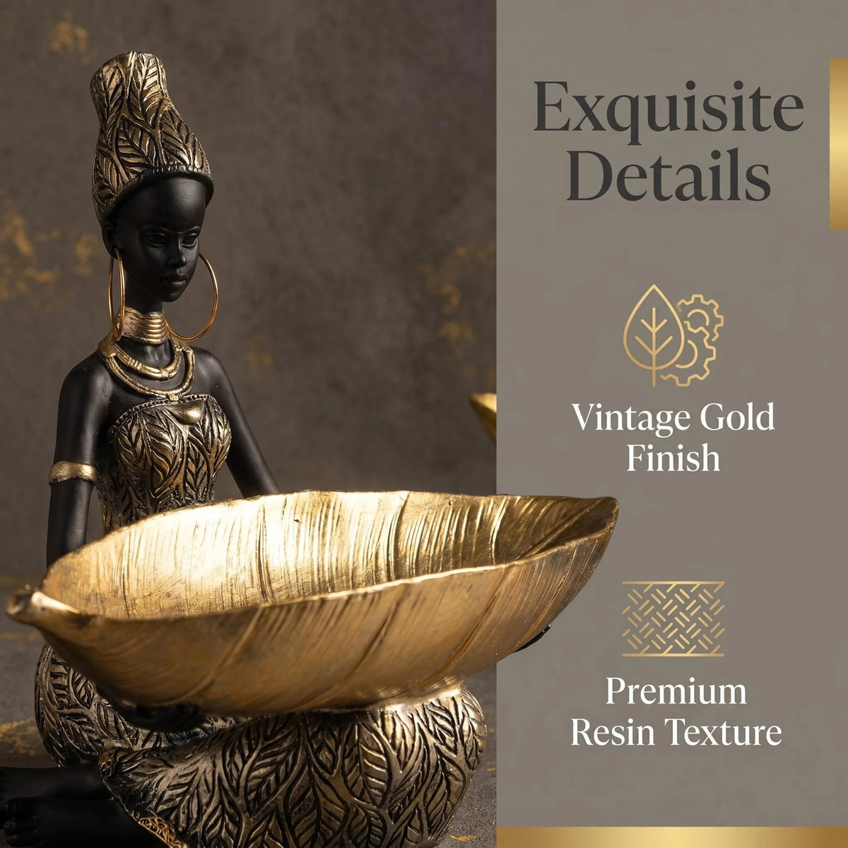 Resin Figurine, African Girl with Storage Tray, Black and Gold