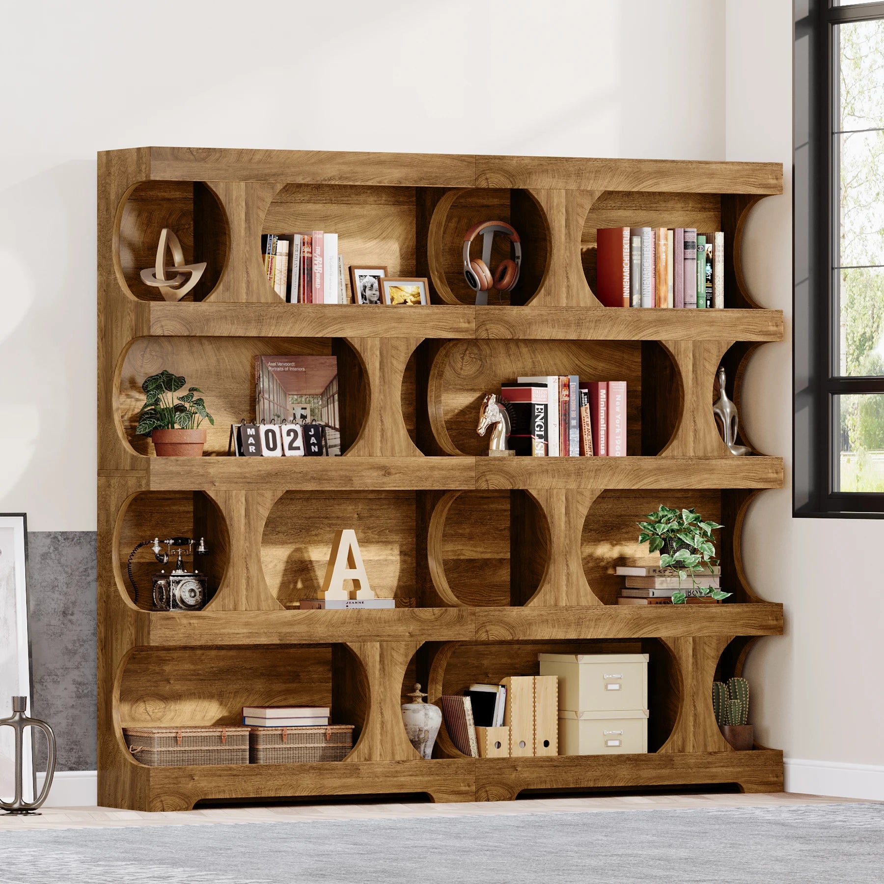 Two-Tone Curved Bookcase with Sculptural Cutout Shelves for Living Room — 71" Tall, 4 Tiers
