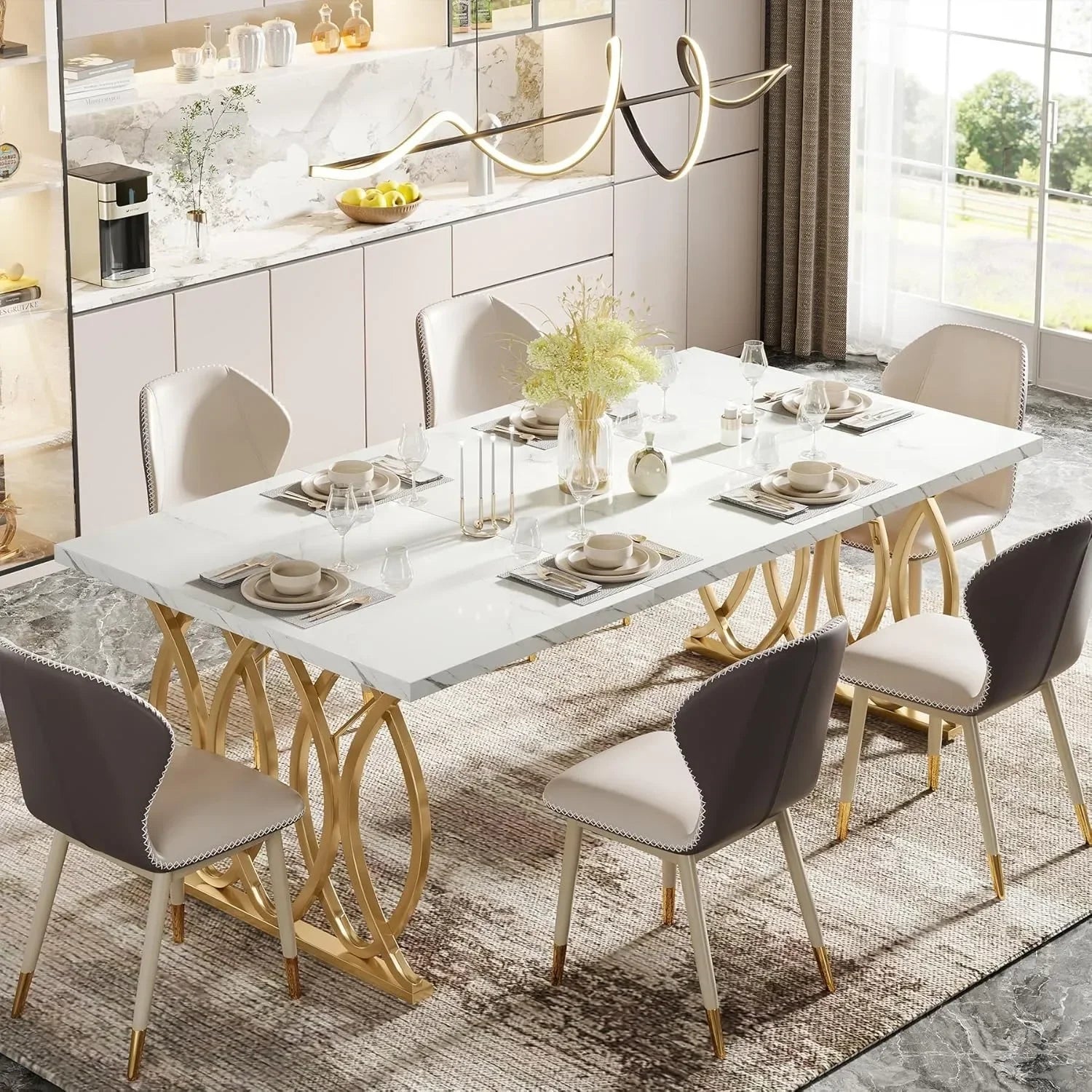 Faux Marble Dining Table with Gold Base for 4-6 People — 63"