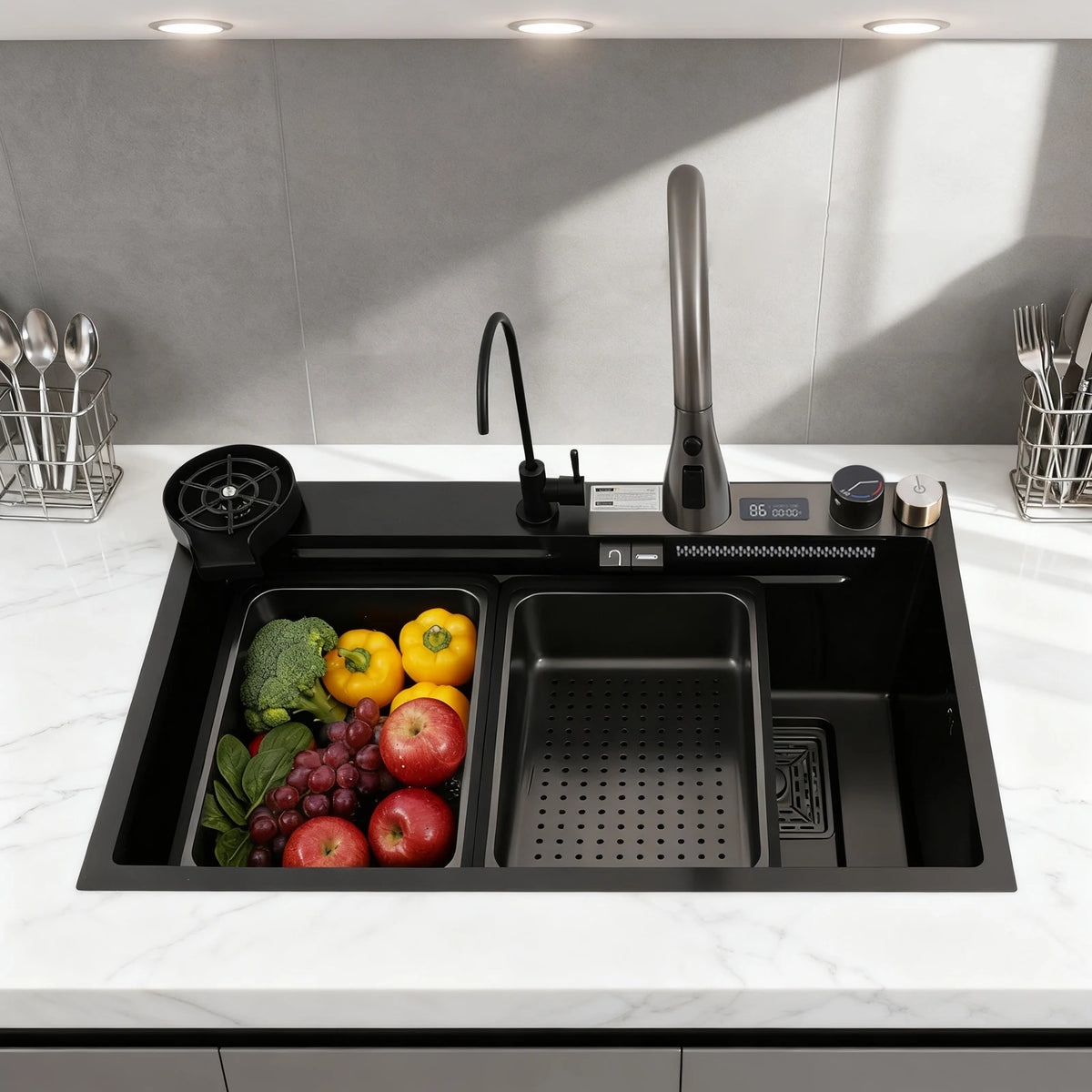 Kitchen sink - 201 Stainless Steel Nano Black Sink with Digital Pull-out Faucet