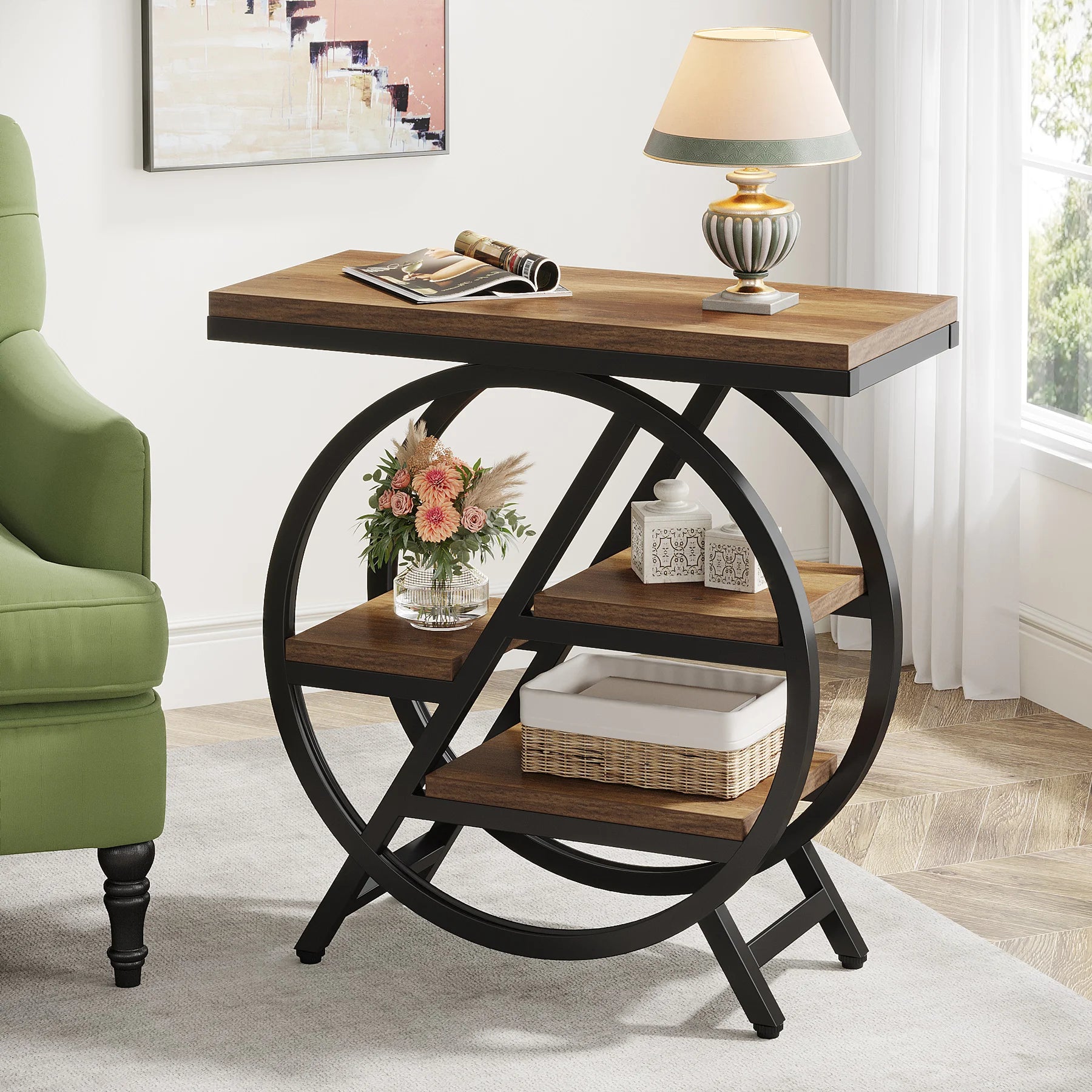 Rustic Wood 3-Tier Side Table with Round Metal Frame for Living Room — Narrow
