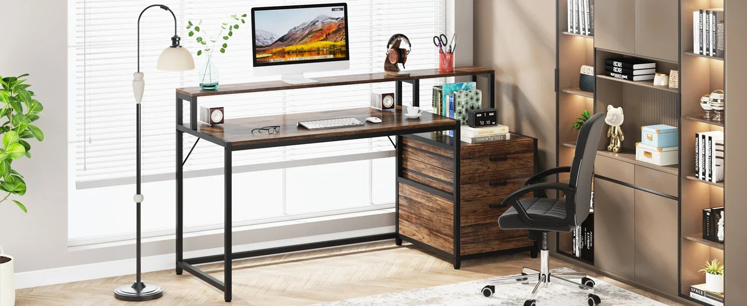 Industrial Computer Desk with File Drawer Cabinet and Monitor Stand for Home Office — 63"