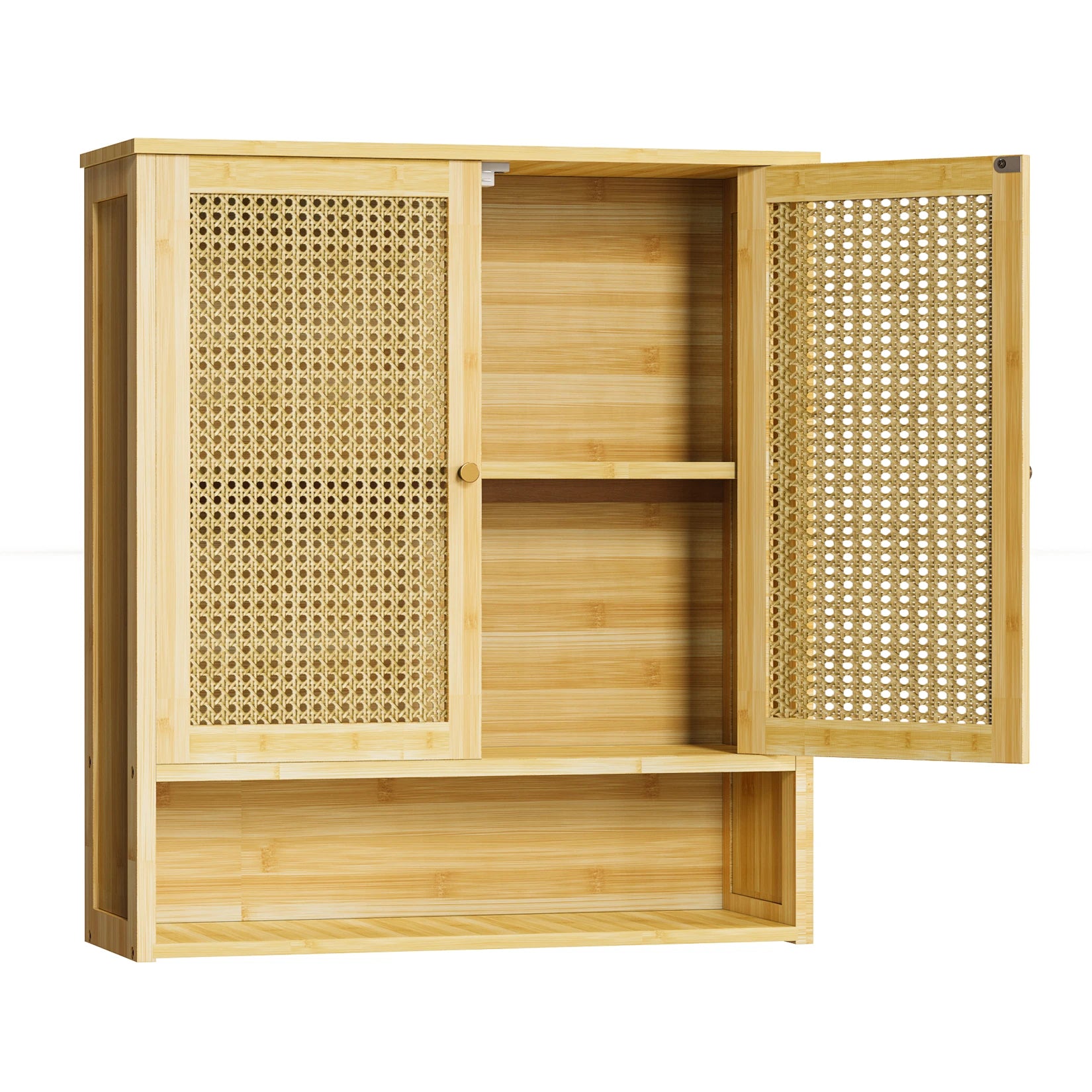 Natural Rattan Wall-Mounted Bathroom Cabinet with Cane Doors and Open Shelf for Bath — 23"H