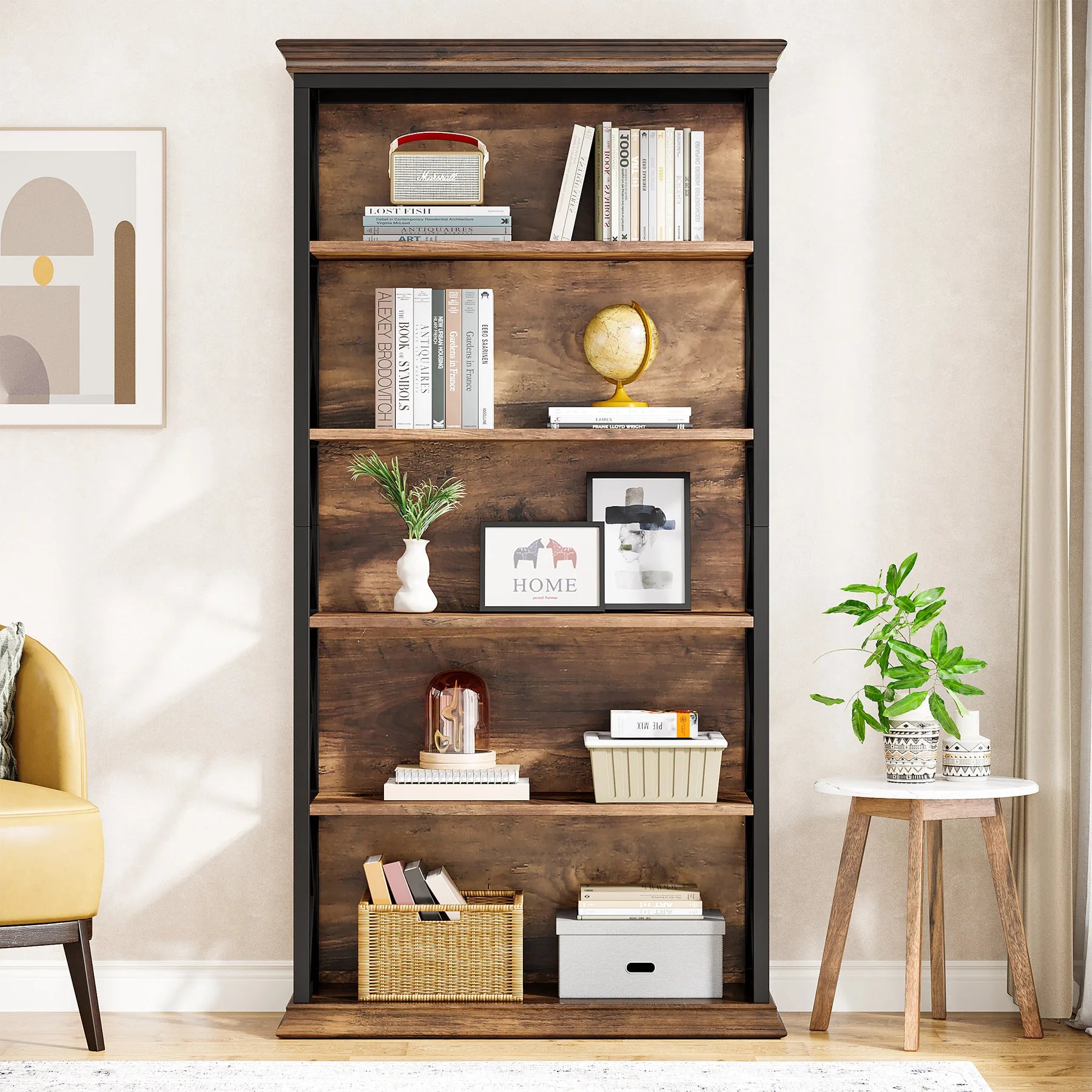 Industrial 6-Tier Bookcase with X-Frame for Living Room — 71in Tall Open Bookshelf