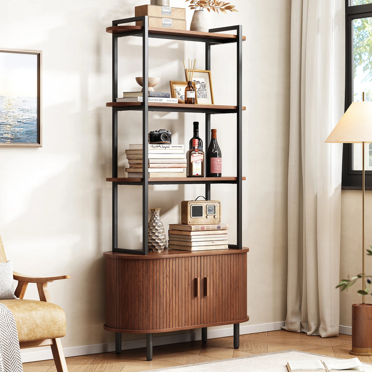 71" Tall Bookcase with Sliding Cabinet Door