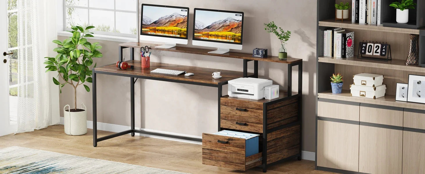 Industrial Computer Desk with File Drawer Cabinet and Monitor Stand for Home Office — 63"