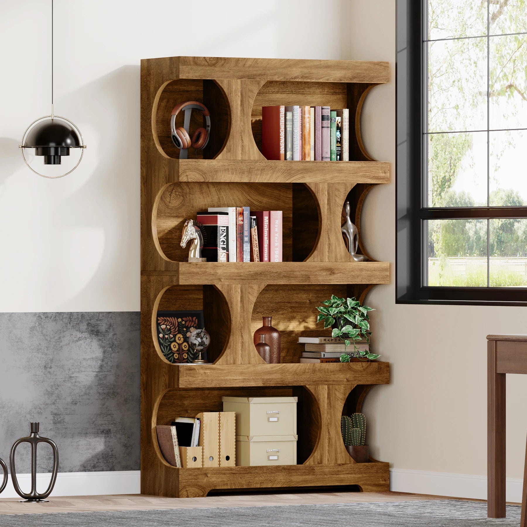Two-Tone Curved Bookcase with Sculptural Cutout Shelves for Living Room — 71" Tall, 4 Tiers