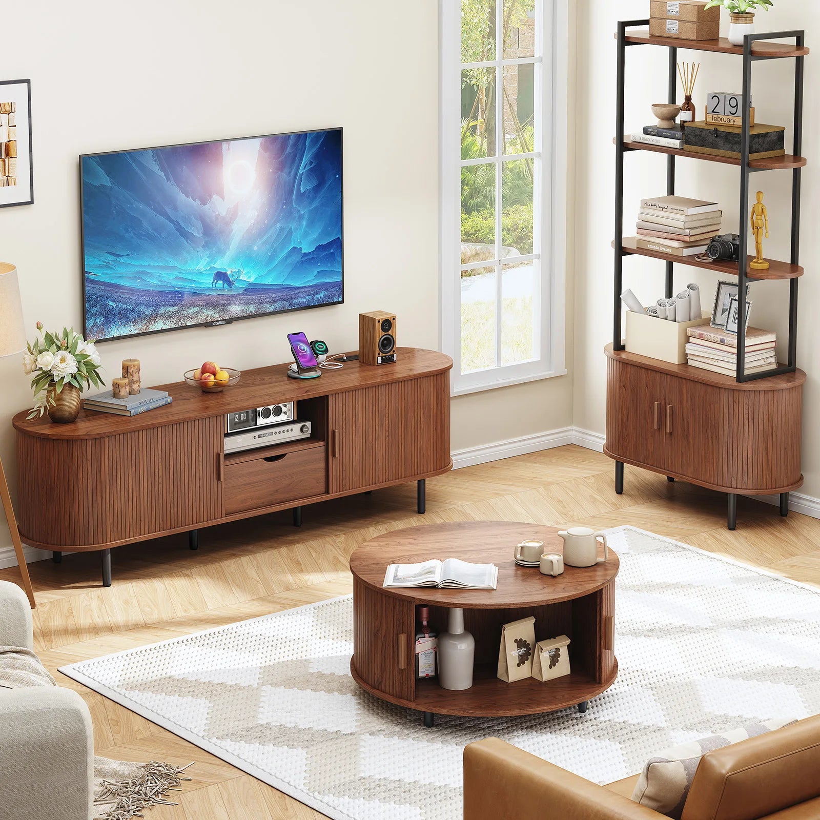 Mid-Century TV Stand for 80" TV — Fluted Walnut Media Console with Storage & Sliding Doors