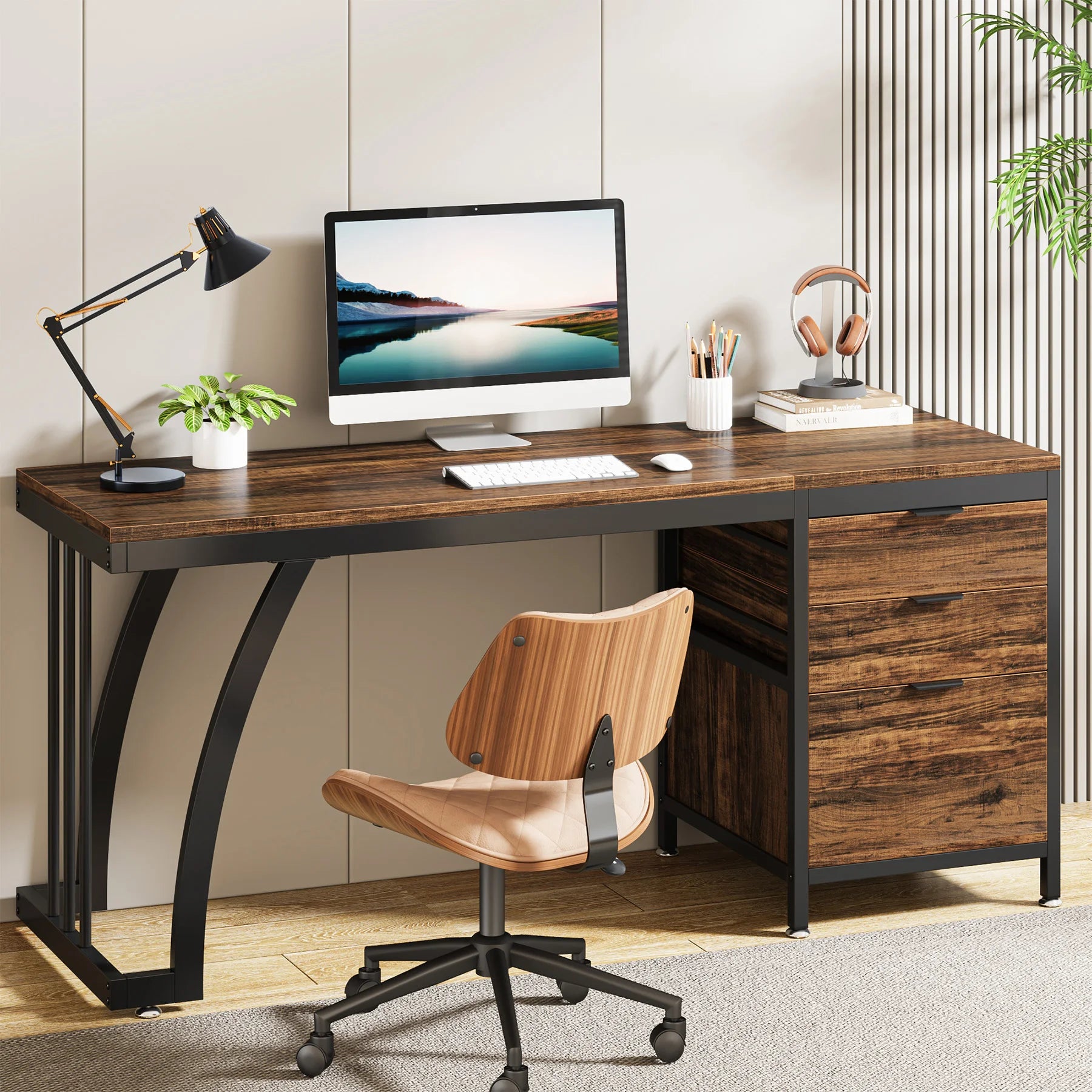 Industrial Computer Desk with 3 Drawers for Home Office — 59in Writing Table