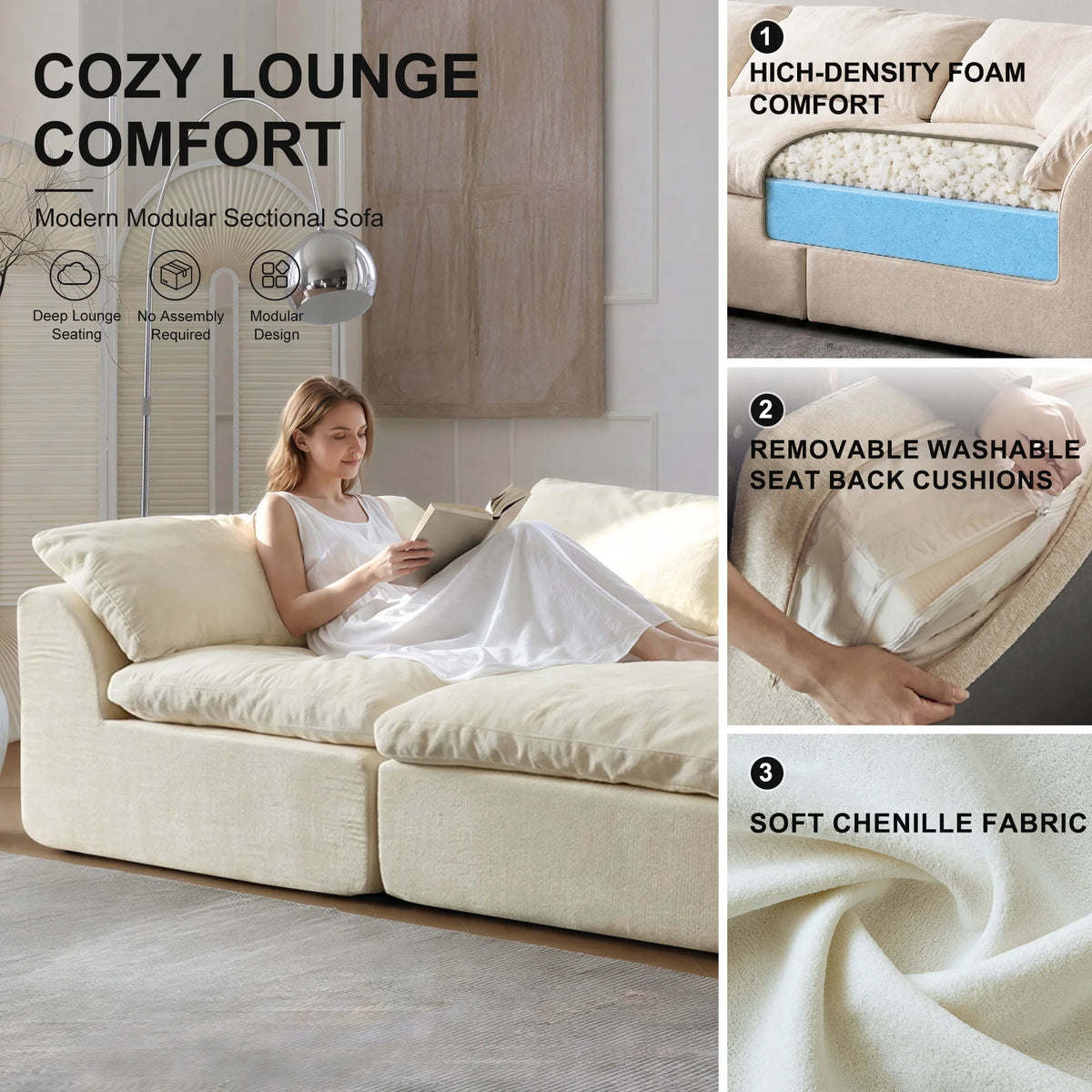 Modern Modular Sectional Sofa Cloud Couch Oversized Deep Seat Comfy Sofa, 108.3" x 68.9" x 27.6"