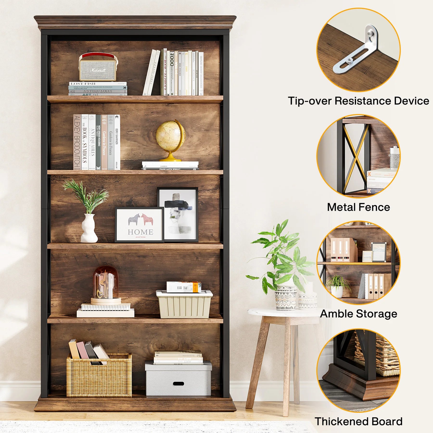 Industrial 6-Tier Bookcase with X-Frame for Living Room — 71in Tall Open Bookshelf