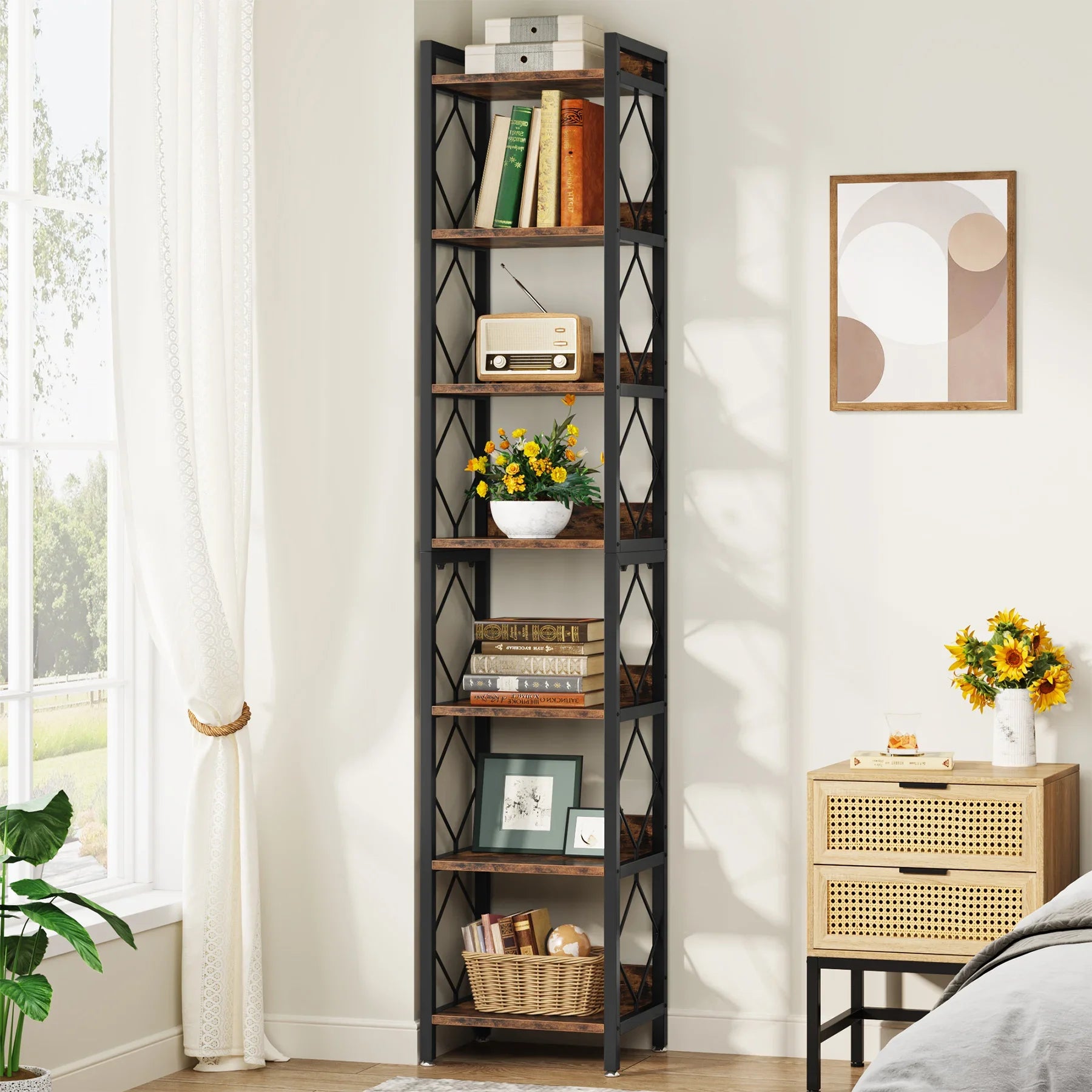Industrial Narrow Bookshelf with 7 Tiers for Small Spaces — 78.7in Tall