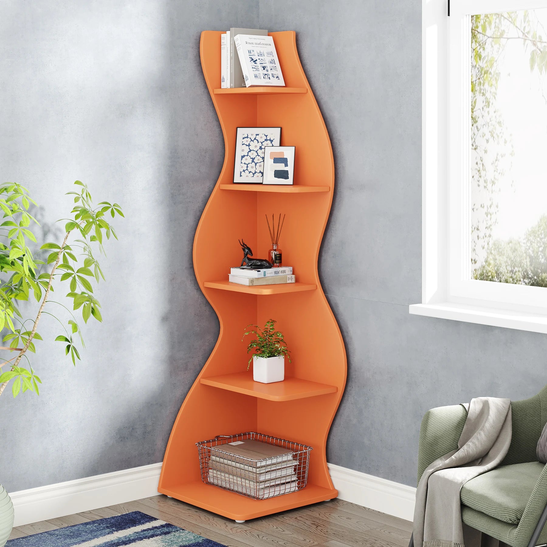White Wave 5-Tier Corner Bookshelf with Curved Silhouette for Living Room — 65"H Floor Shelf