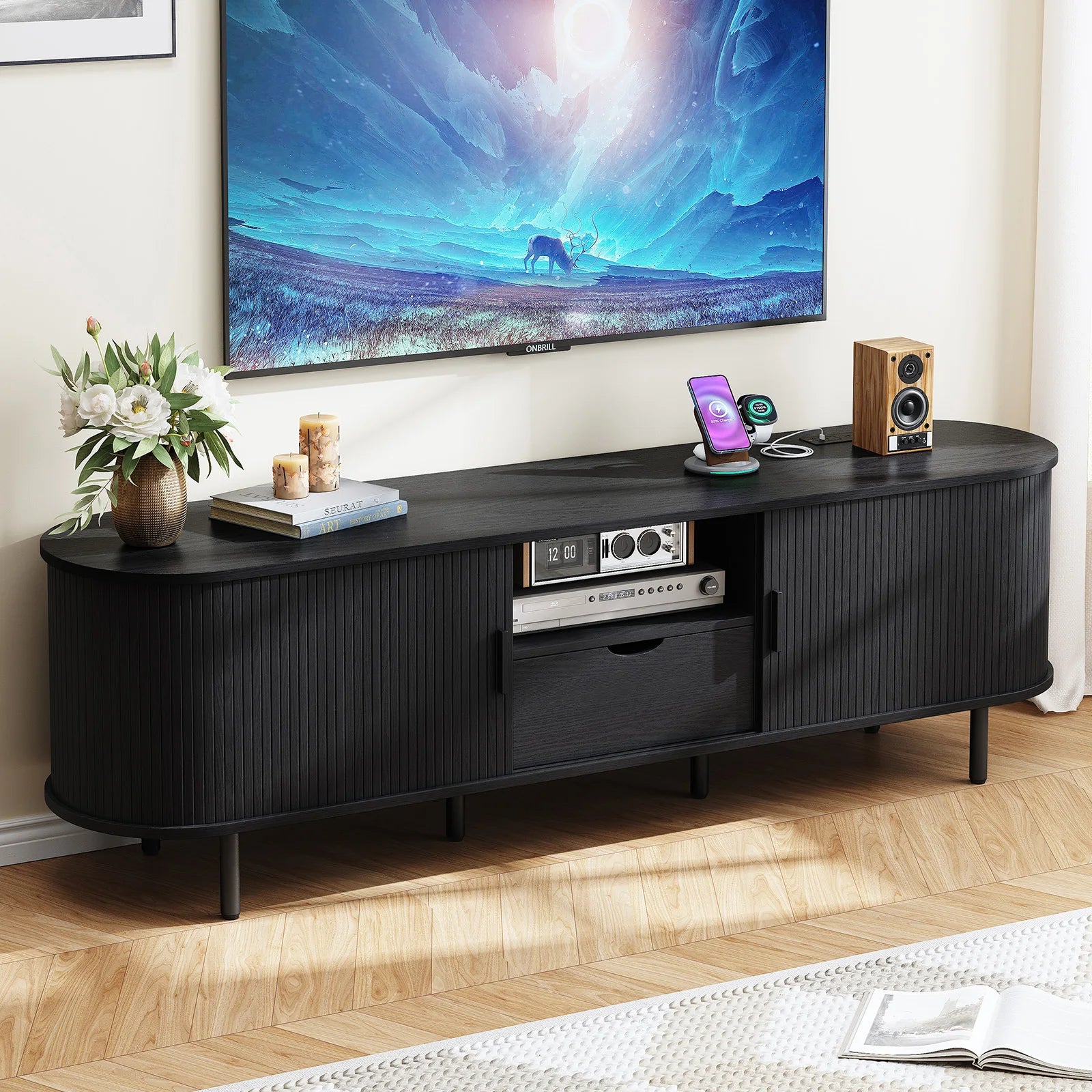 Mid-Century TV Stand for 80" TV — Fluted Walnut Media Console with Storage & Sliding Doors