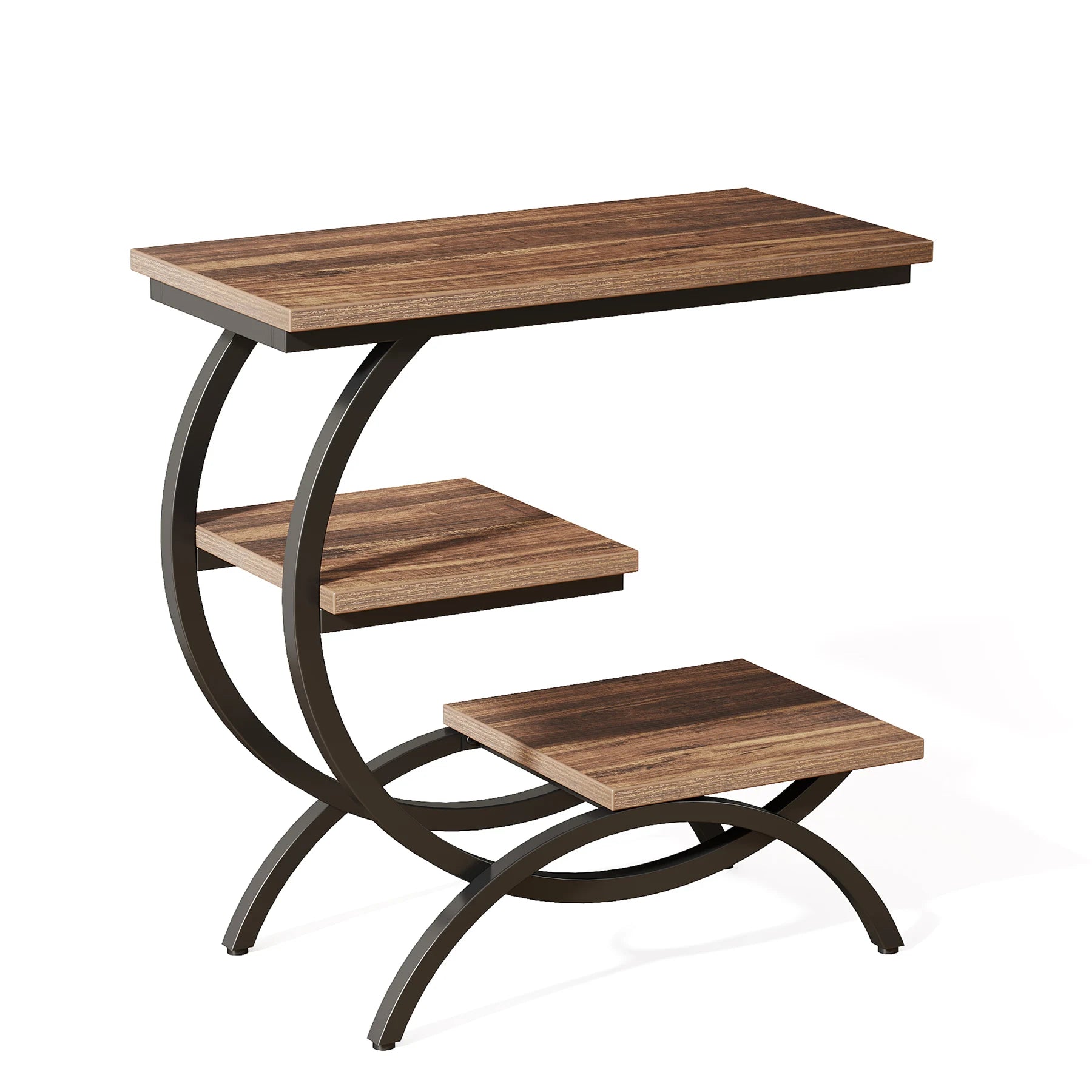 Industrial 3-Tier Side Table with Curved Metal Frame for Living Room — Rustic Brown Wood