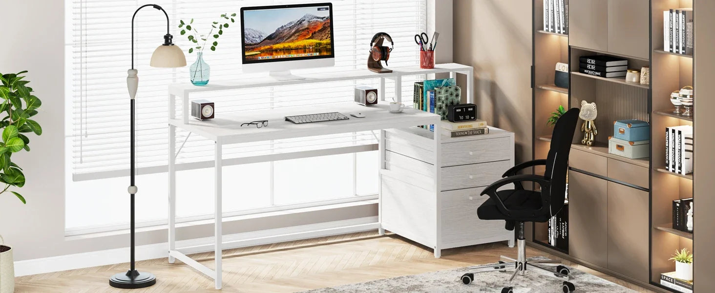 Industrial Computer Desk with File Drawer Cabinet and Monitor Stand for Home Office — 63"
