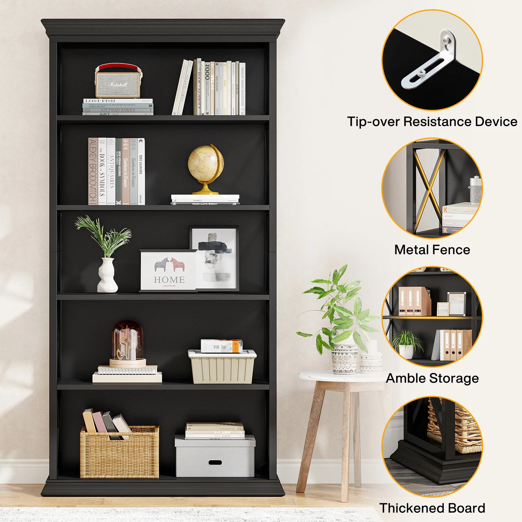 Industrial 6-Tier Bookcase with X-Frame for Living Room — 71in Tall Open Bookshelf