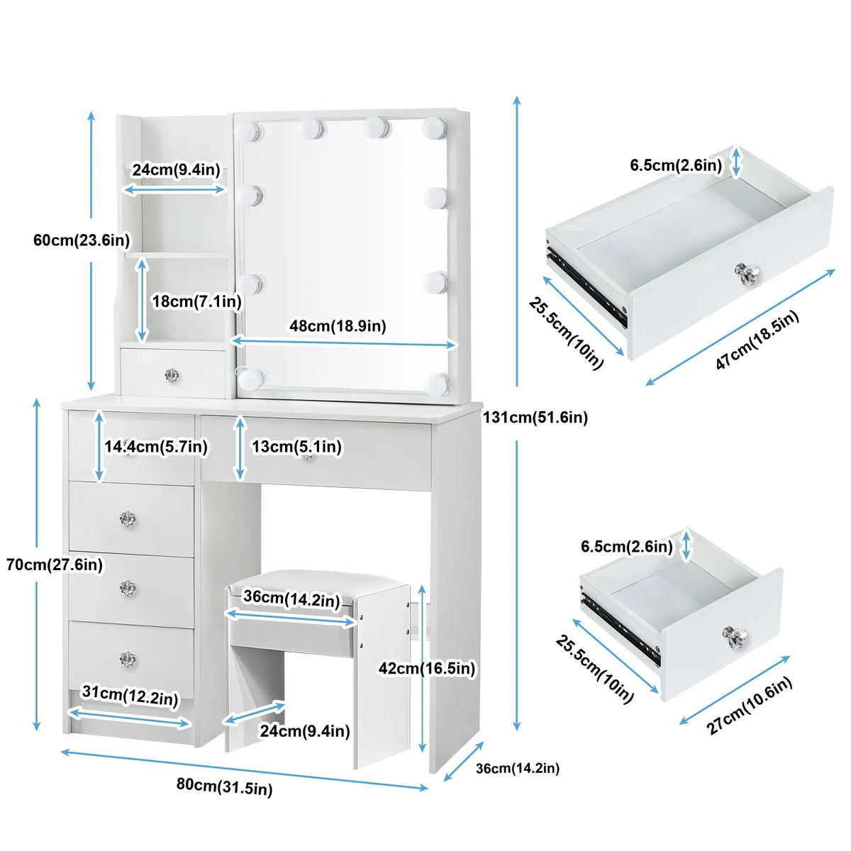 Makeup Vanity, 31.5" White LED Set, Sliding Mirror, 6 Drawers