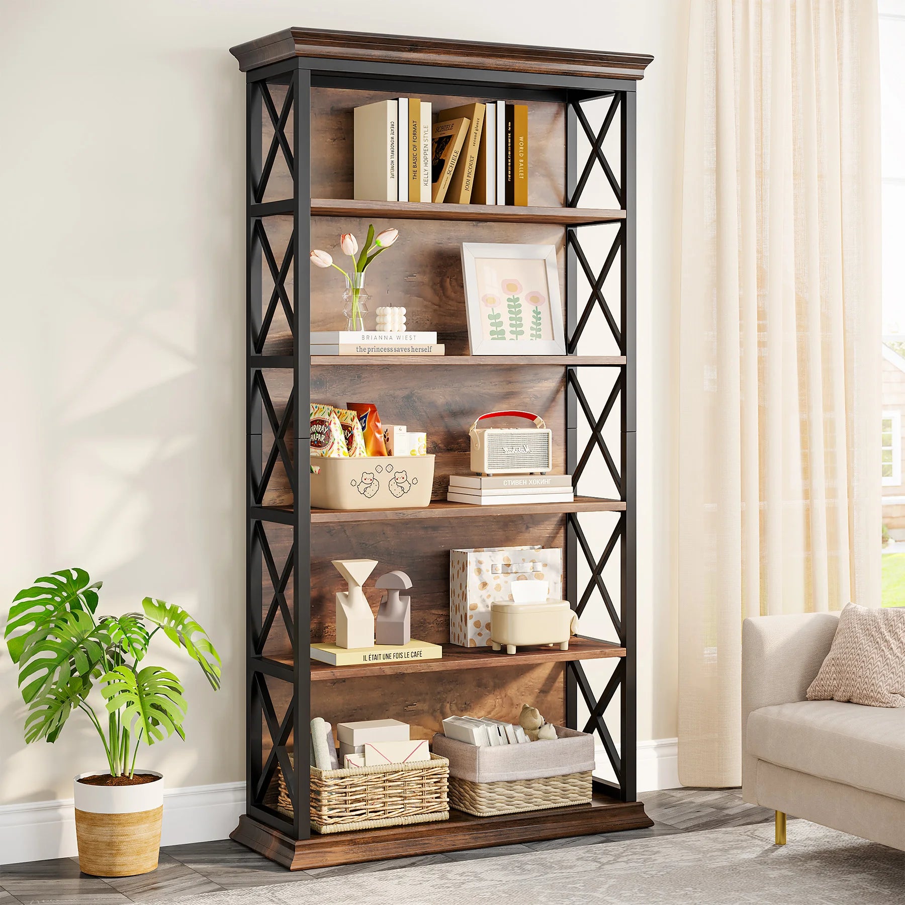 Industrial 6-Tier Bookcase with X-Frame for Living Room — 71in Tall Open Bookshelf