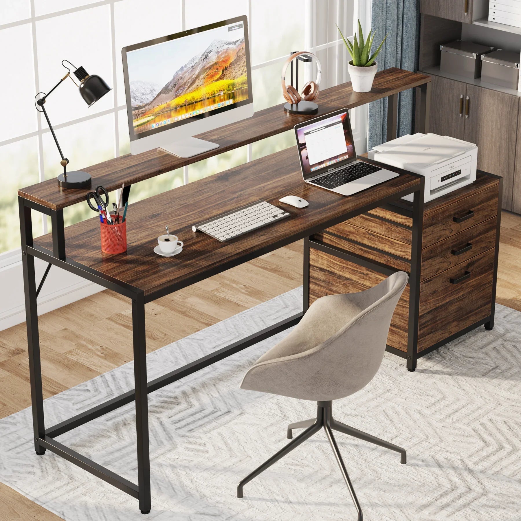 Industrial Computer Desk with File Drawer Cabinet and Monitor Stand for Home Office — 63"