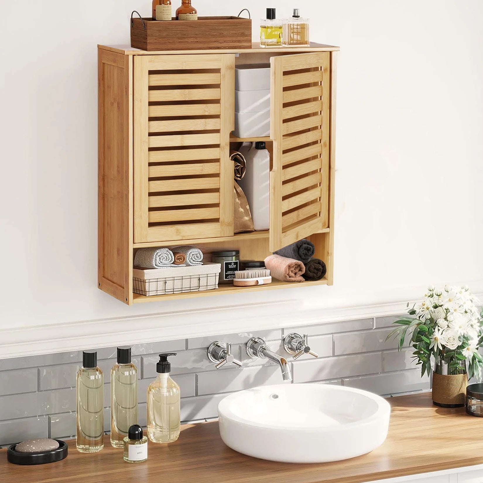 Bamboo Medicine Cabinet with Louvered Doors for Bathroom — 23.6"W Wall-Mounted Storage