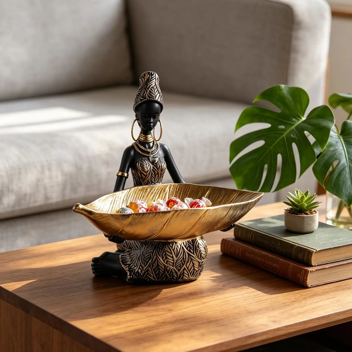 Resin Figurine, African Girl with Storage Tray, Black and Gold