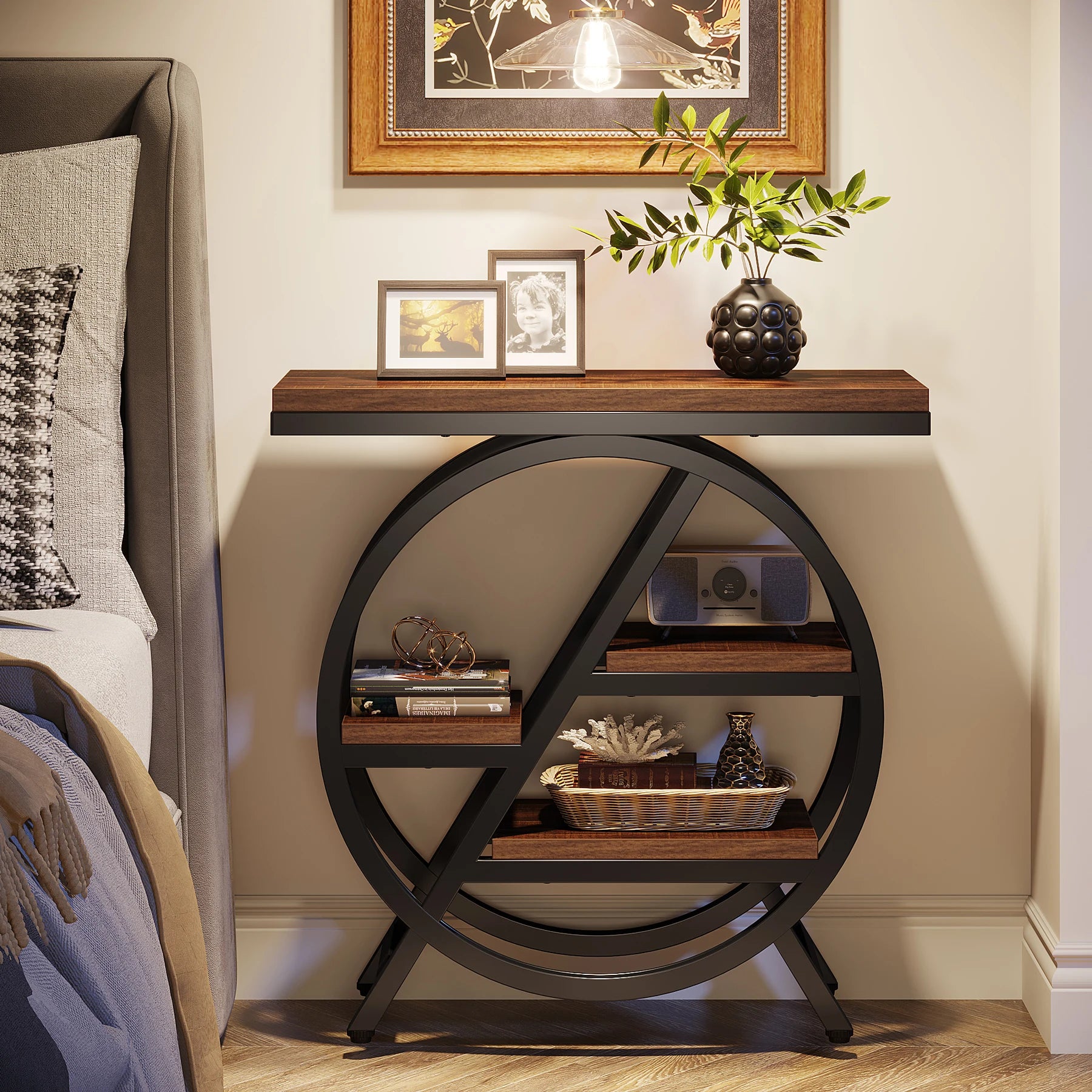 Rustic Wood 3-Tier Side Table with Round Metal Frame for Living Room — Narrow