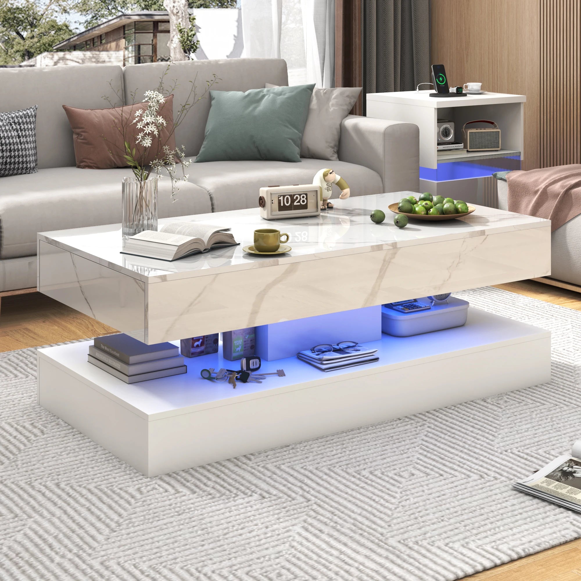 LED Coffee Table with Storage — Modern Faux Marble Coffee Table with Drawers for Living Room