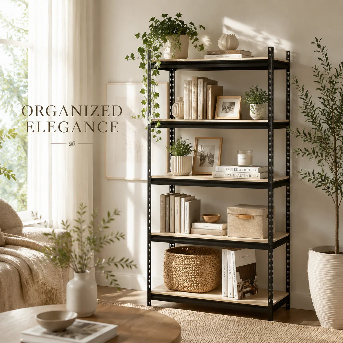 Garage Shelving, 5-Tier Metal Rack with MDF Shelves, 72" Tall