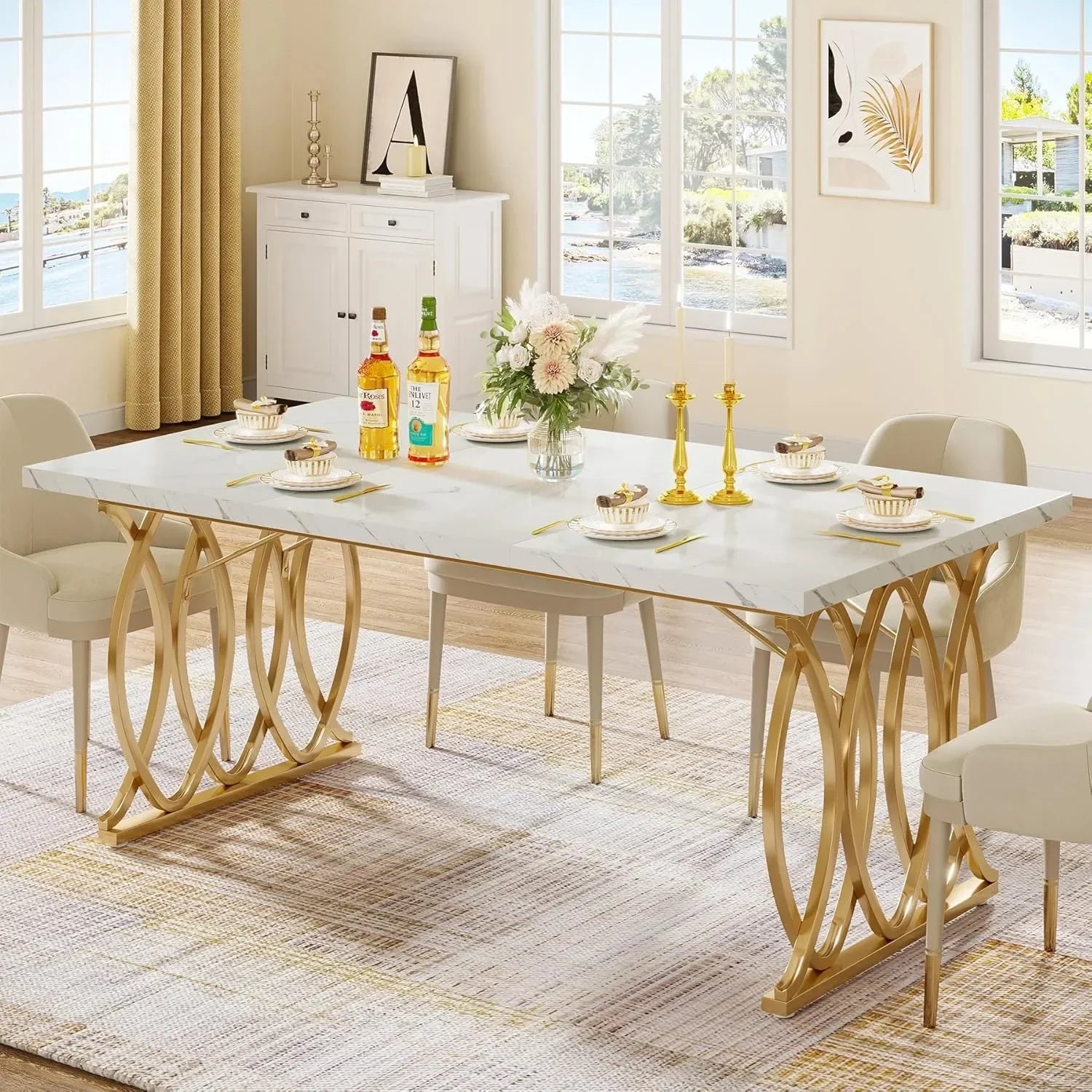 Faux Marble Dining Table with Gold Base for 4-6 People — 63"
